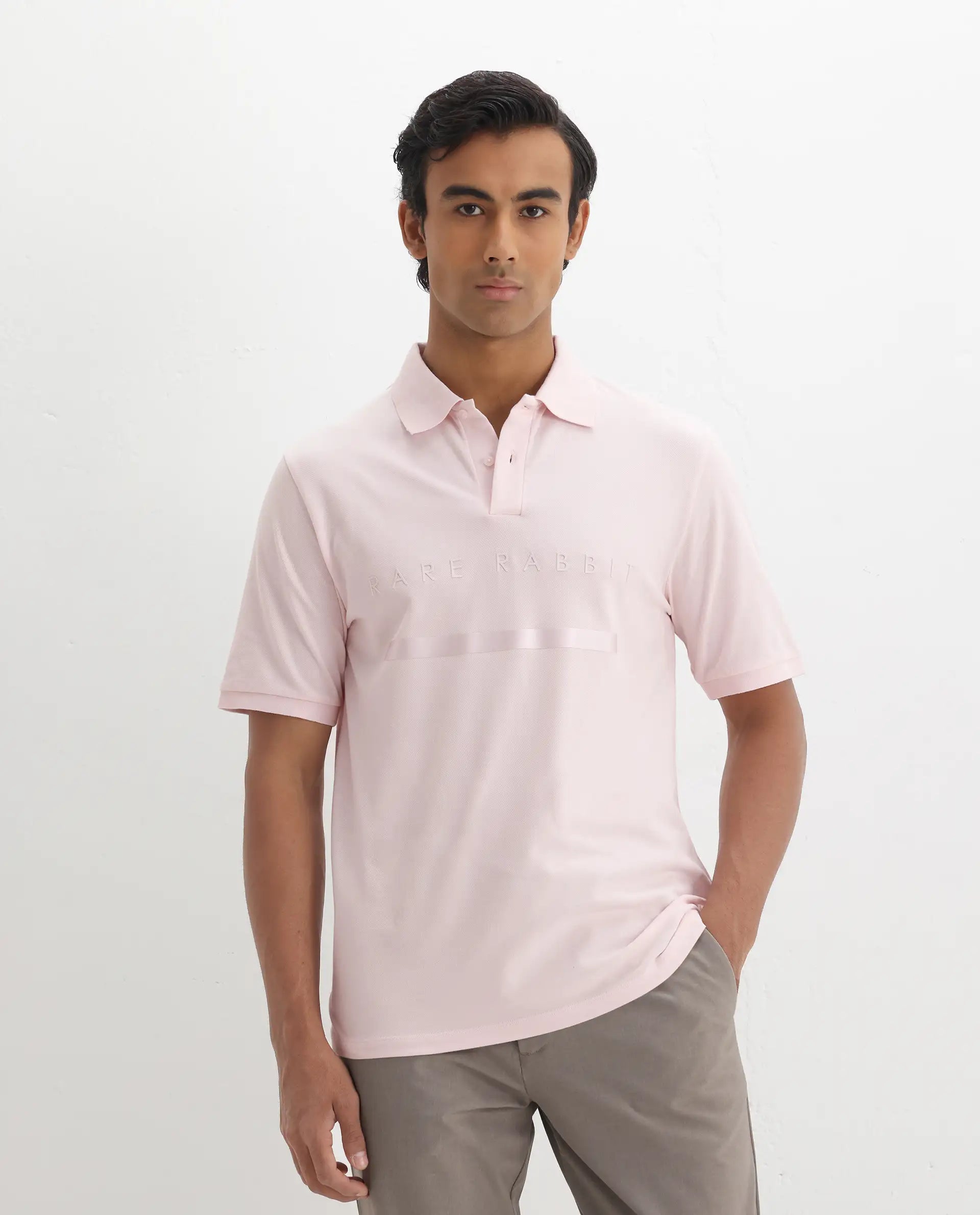 Rare Rabbit Men's Nellit Pastel Pink Cotton Plain Regular Fit Half Sleeve Polo