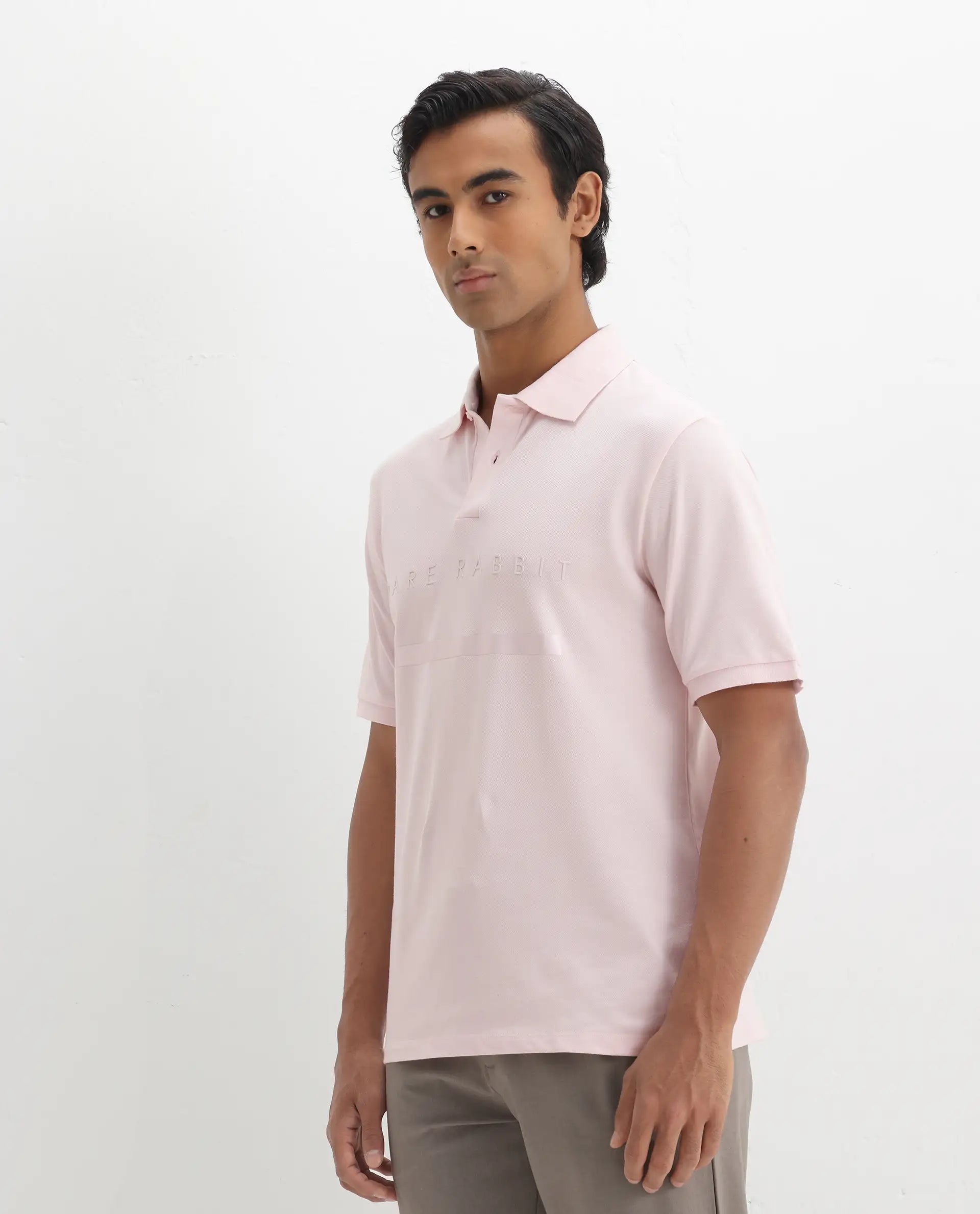 Rare Rabbit Men's Nellit Pastel Pink Cotton Plain Regular Fit Half Sleeve Polo