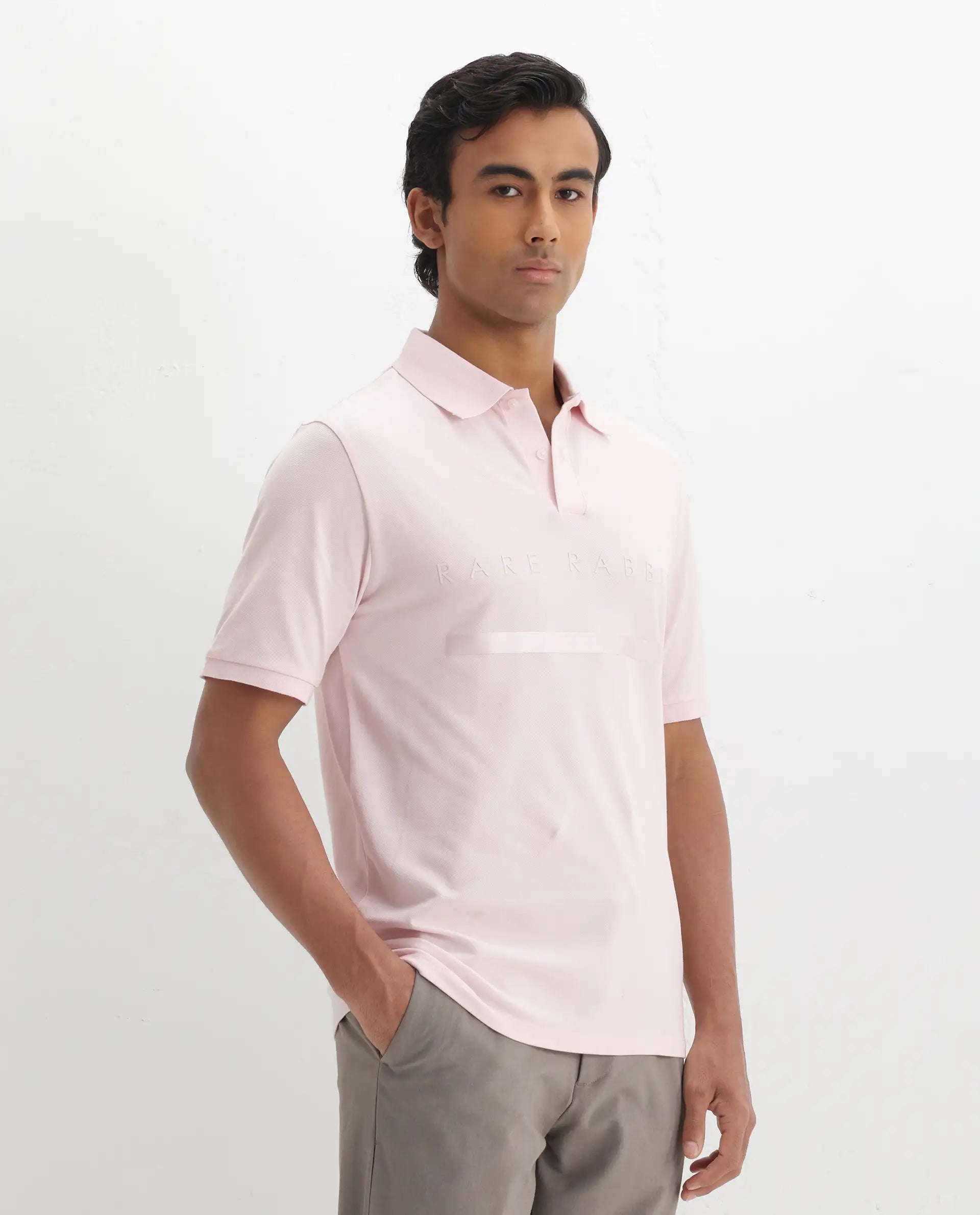 Rare Rabbit Men's Nellit Pastel Pink Cotton Plain Regular Fit Half Sleeve Polo