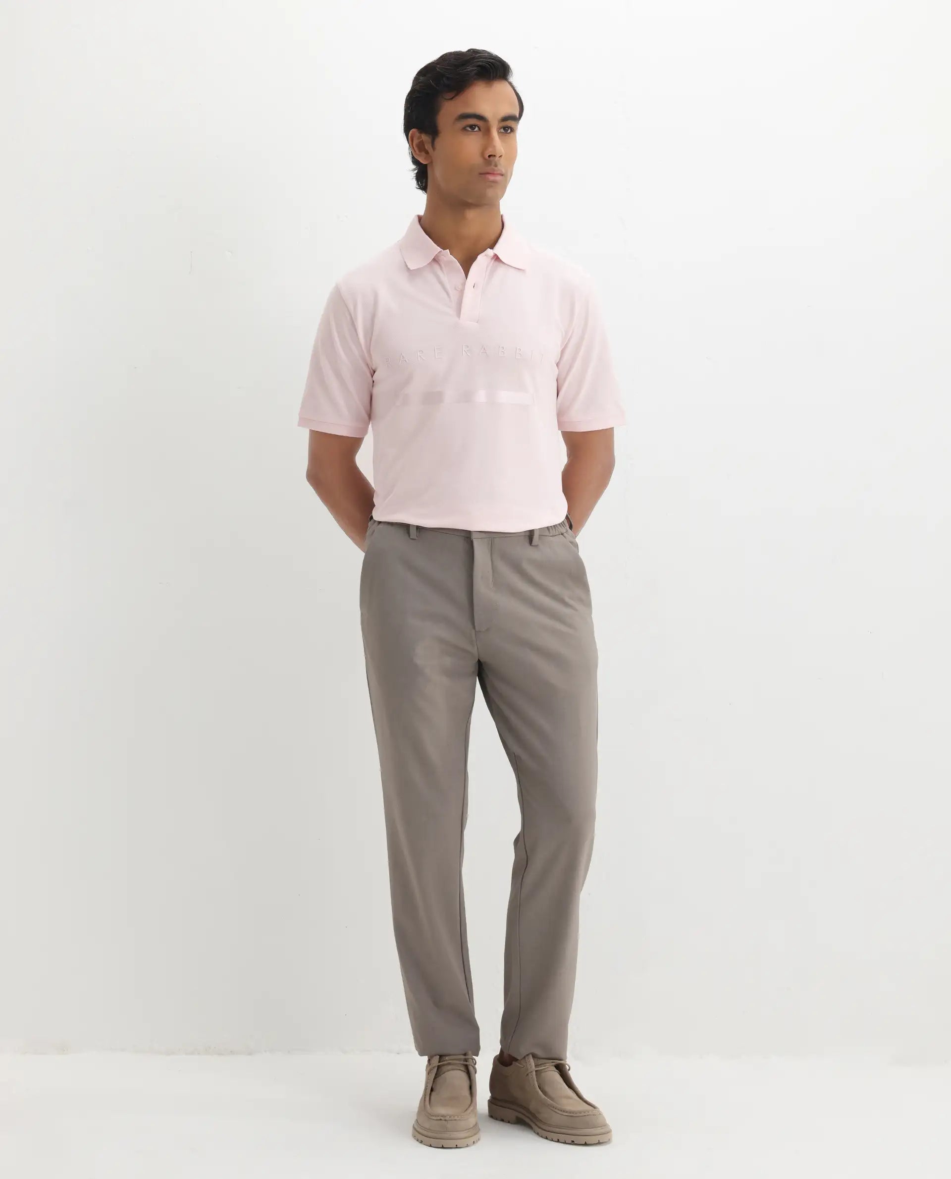 Rare Rabbit Men's Nellit Pastel Pink Cotton Plain Regular Fit Half Sleeve Polo