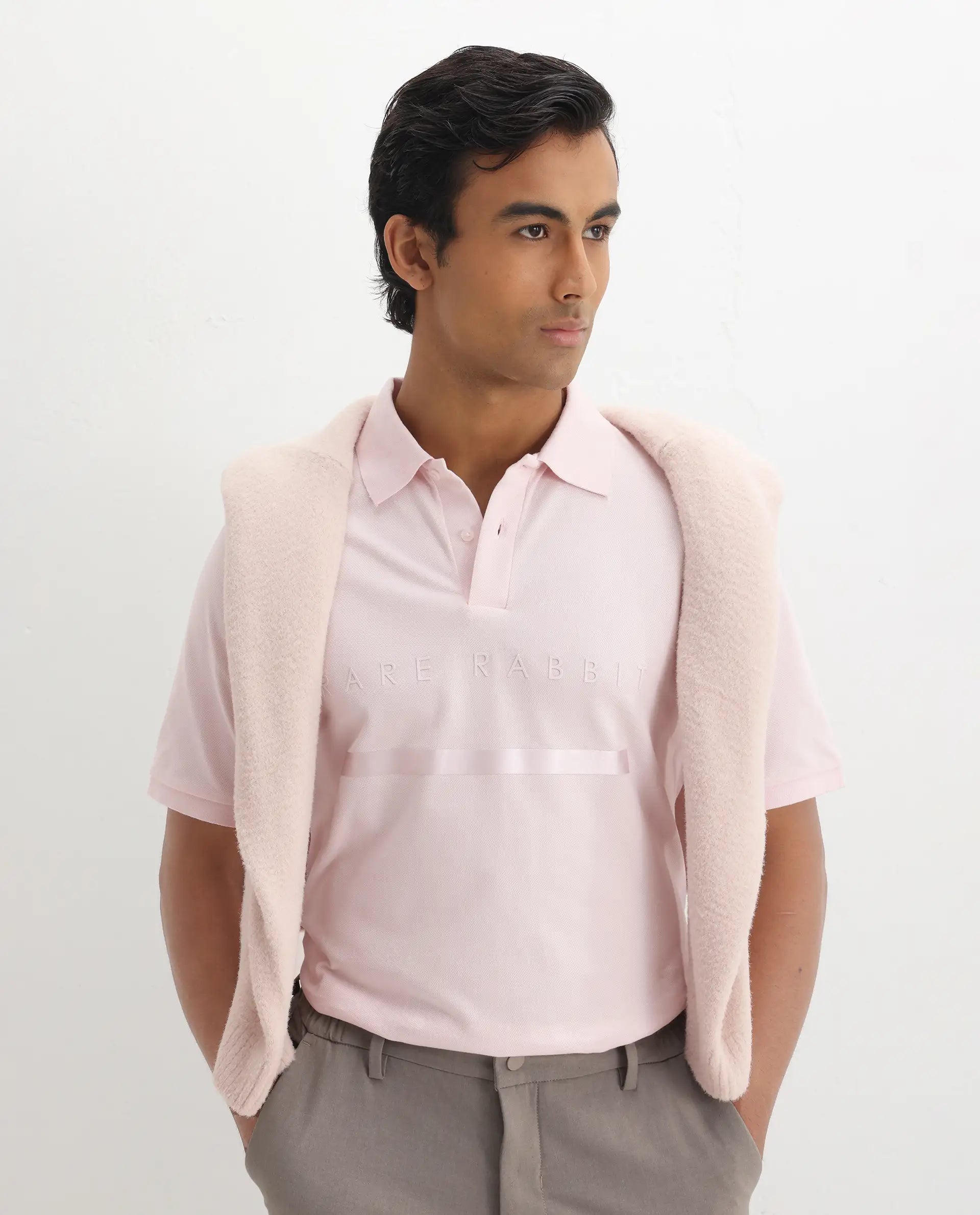 Rare Rabbit Men's Nellit Pastel Pink Cotton Plain Regular Fit Half Sleeve Polo