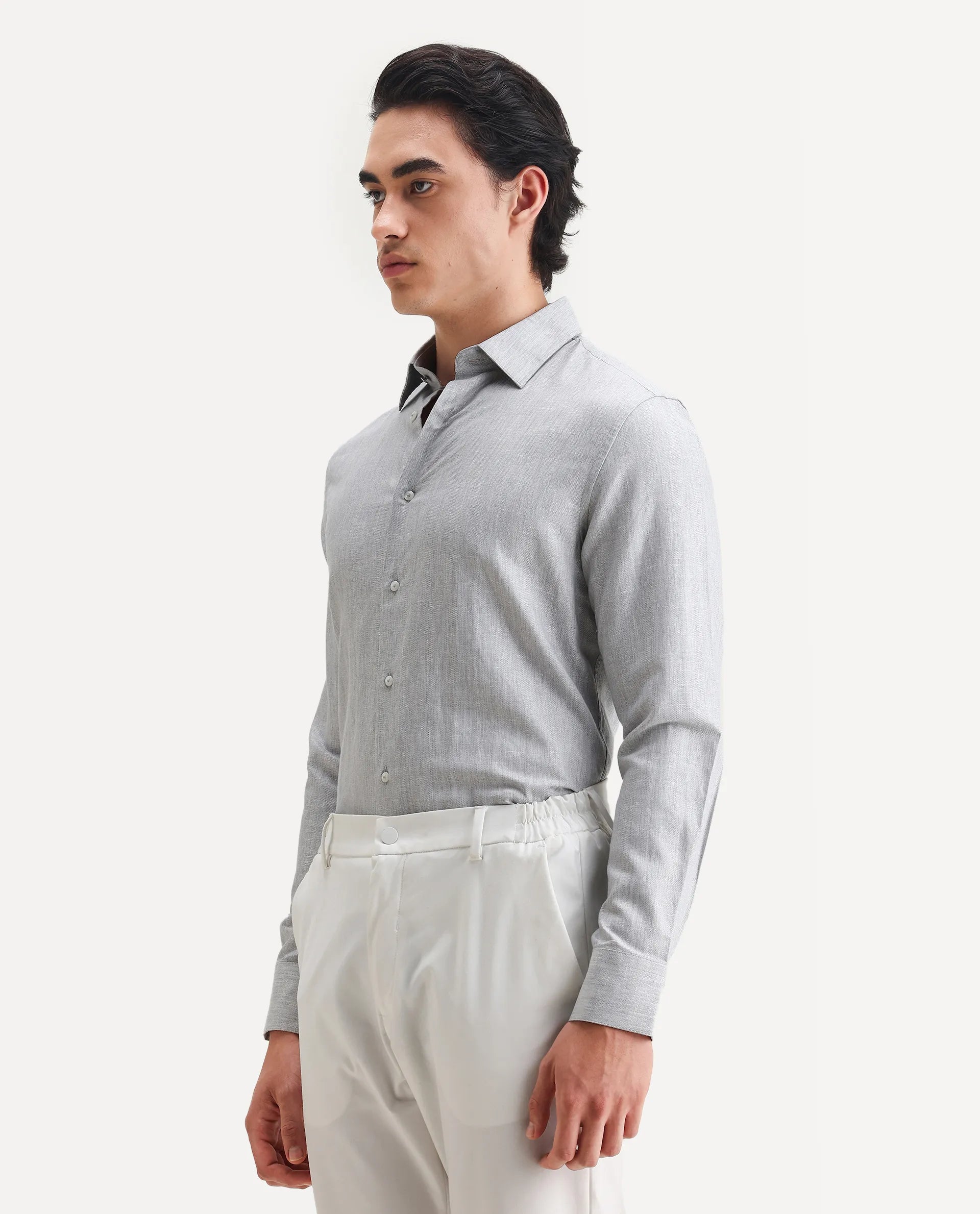 Rare Rabbit Men's Nellor Grey Cotton Plain Regular Fit Full Sleeve Collared Shirt