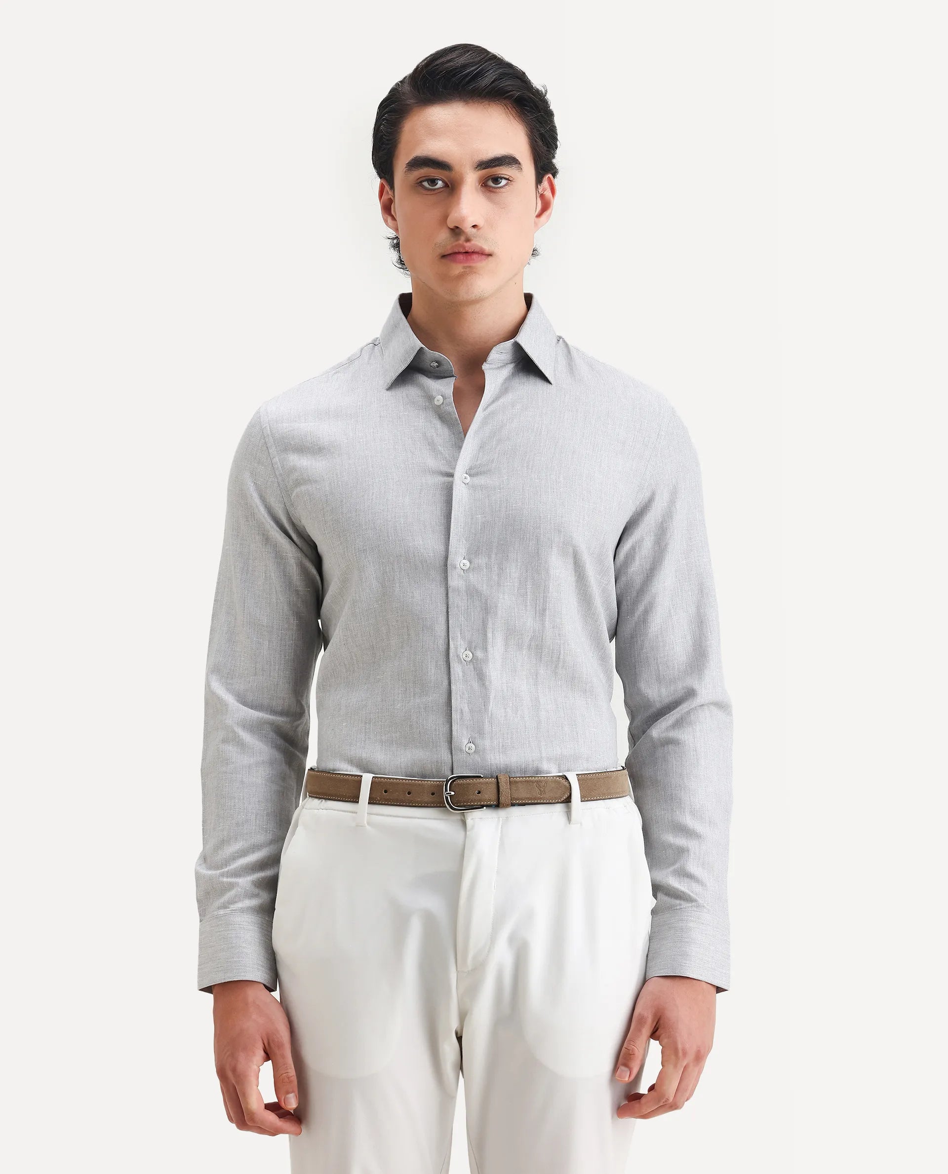 Rare Rabbit Men's Nellor Grey Cotton Plain Regular Fit Full Sleeve Collared Shirt