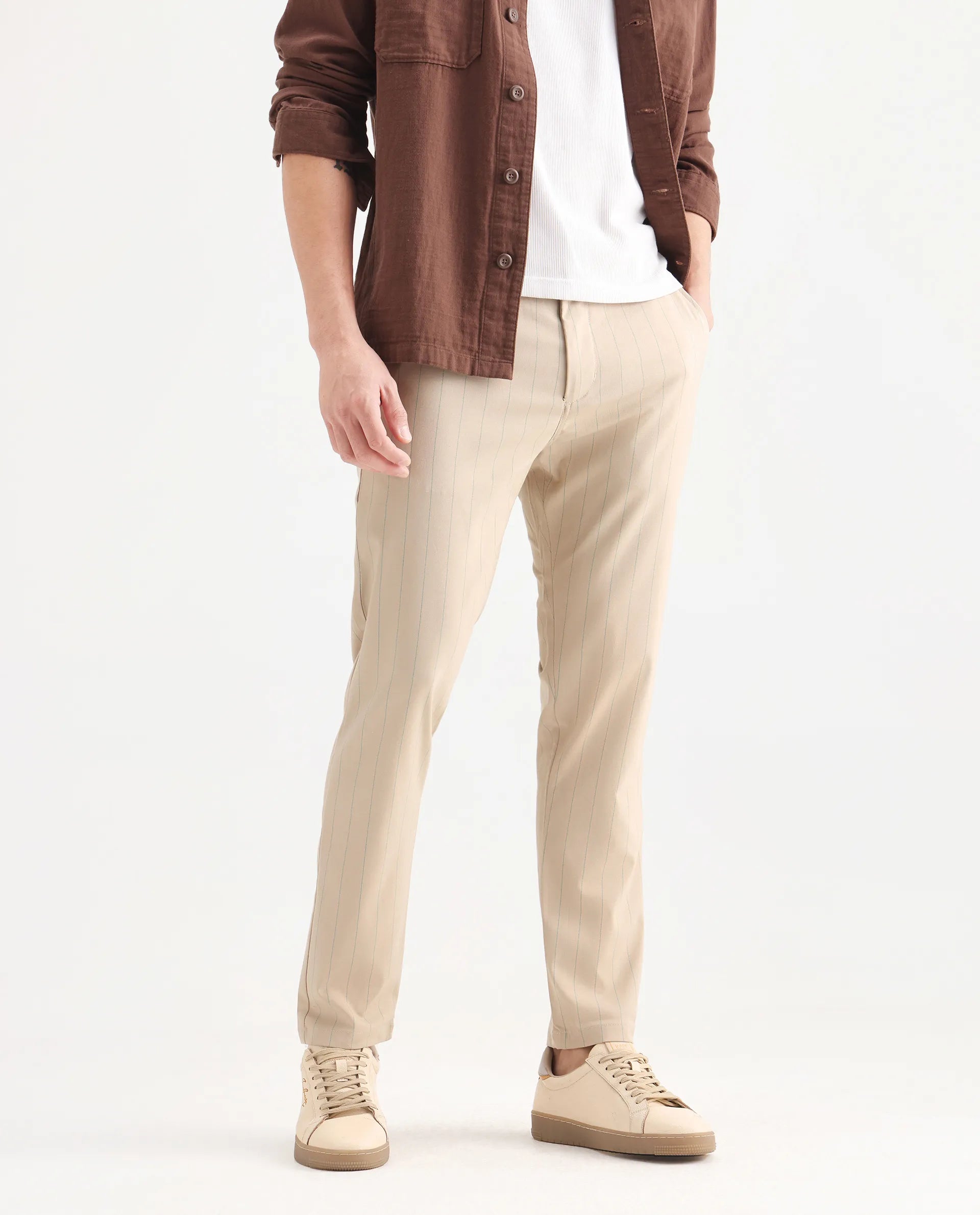 Rare Rabbit Men's Nelo Beige Cotton Striped Print Regular Fit Trouser