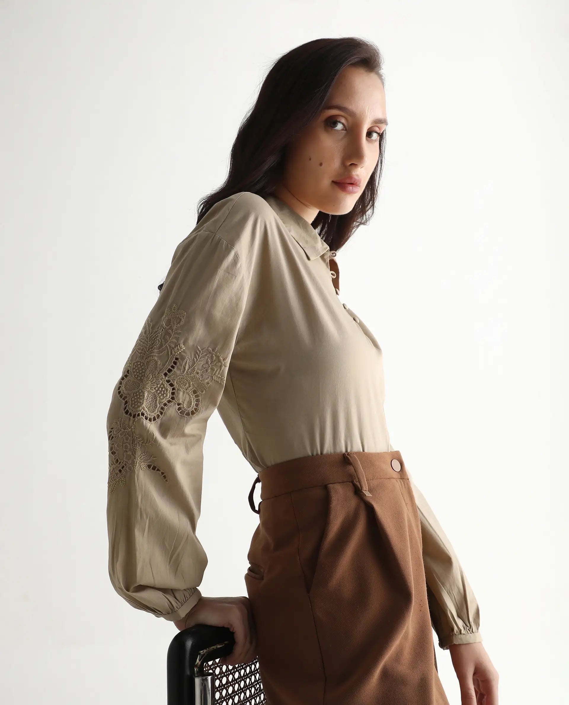 Rareism Women's Nembo Beige Cotton Bishop Sleeve Collared Neck Regular Fit Plain Top