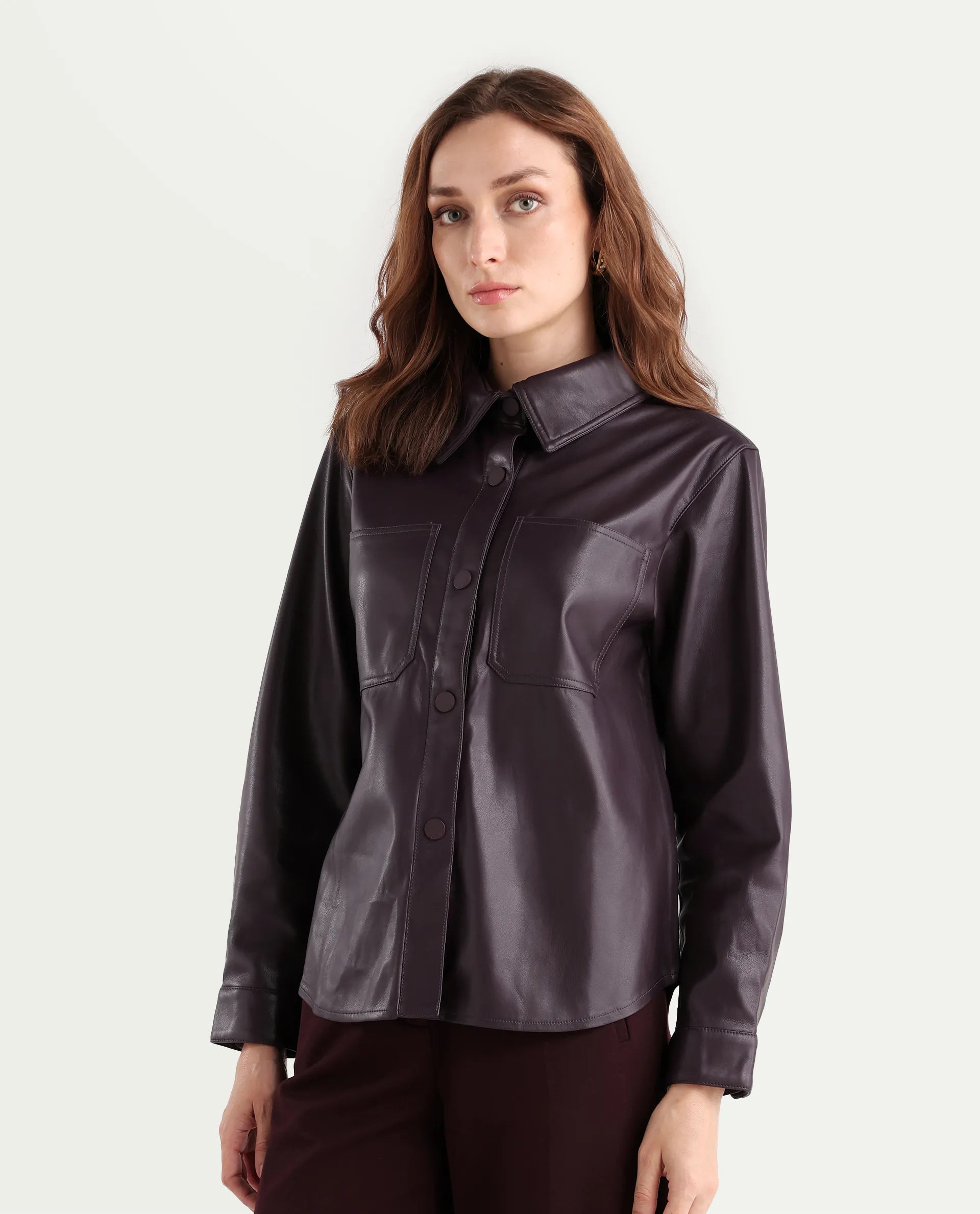 Rareism Women's Nemer Maroon Polyester Spread Collar Plain Cuffed Sleeve Boxy Fit Jacket