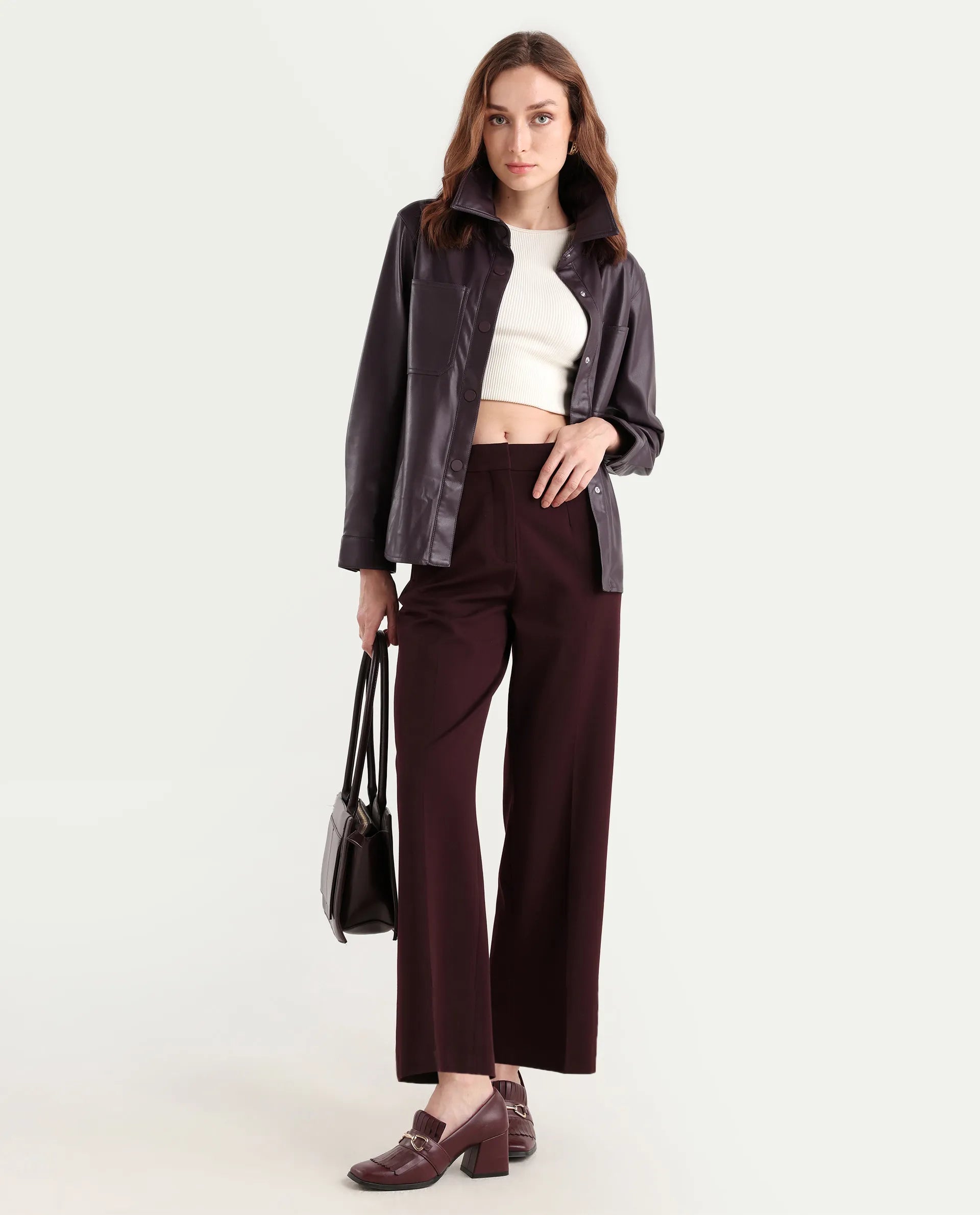 Rareism Women's Nemer Maroon Polyester Spread Collar Plain Cuffed Sleeve Boxy Fit Jacket