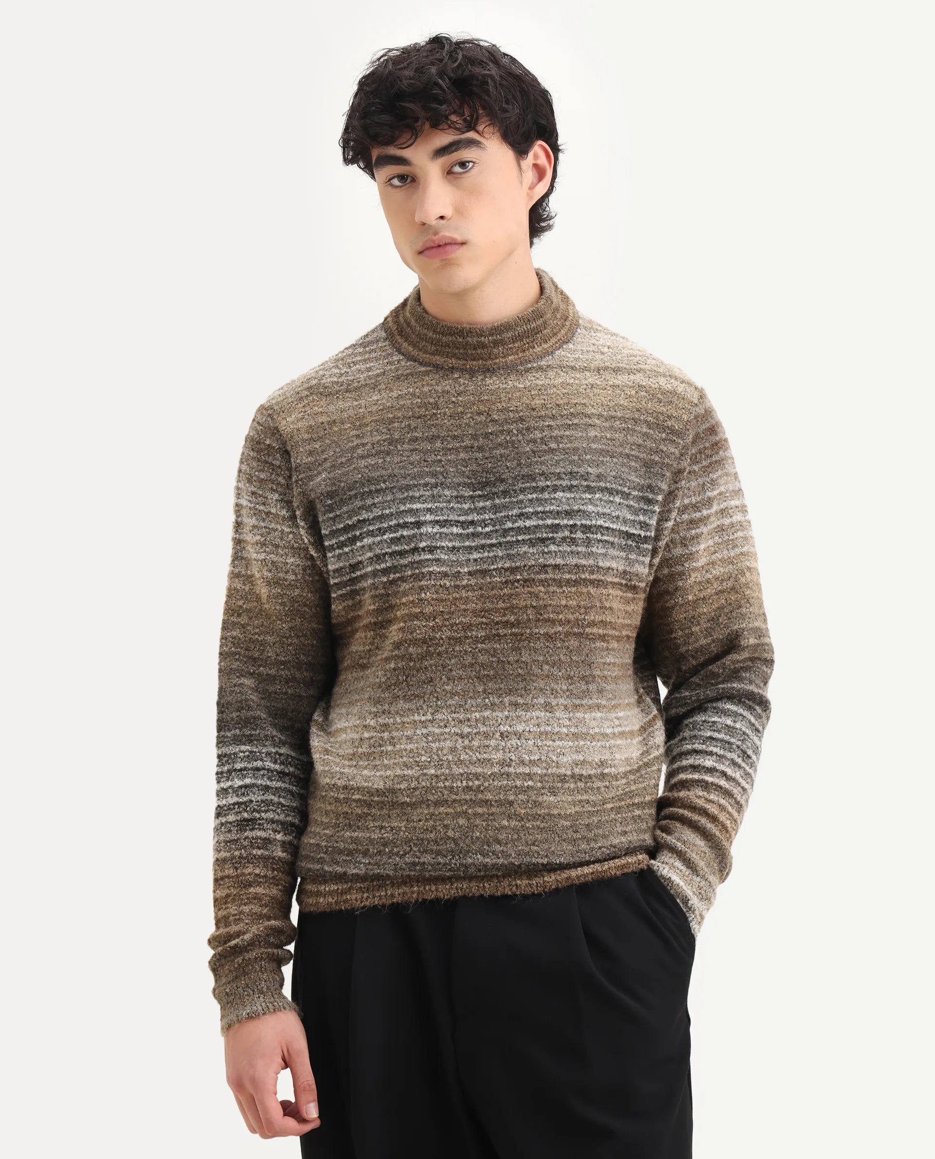 Rare Rabbit Men's Nemo Light Beige Acrylic Color Block Regular Fit Full Sleeve Crew Neck Sweater