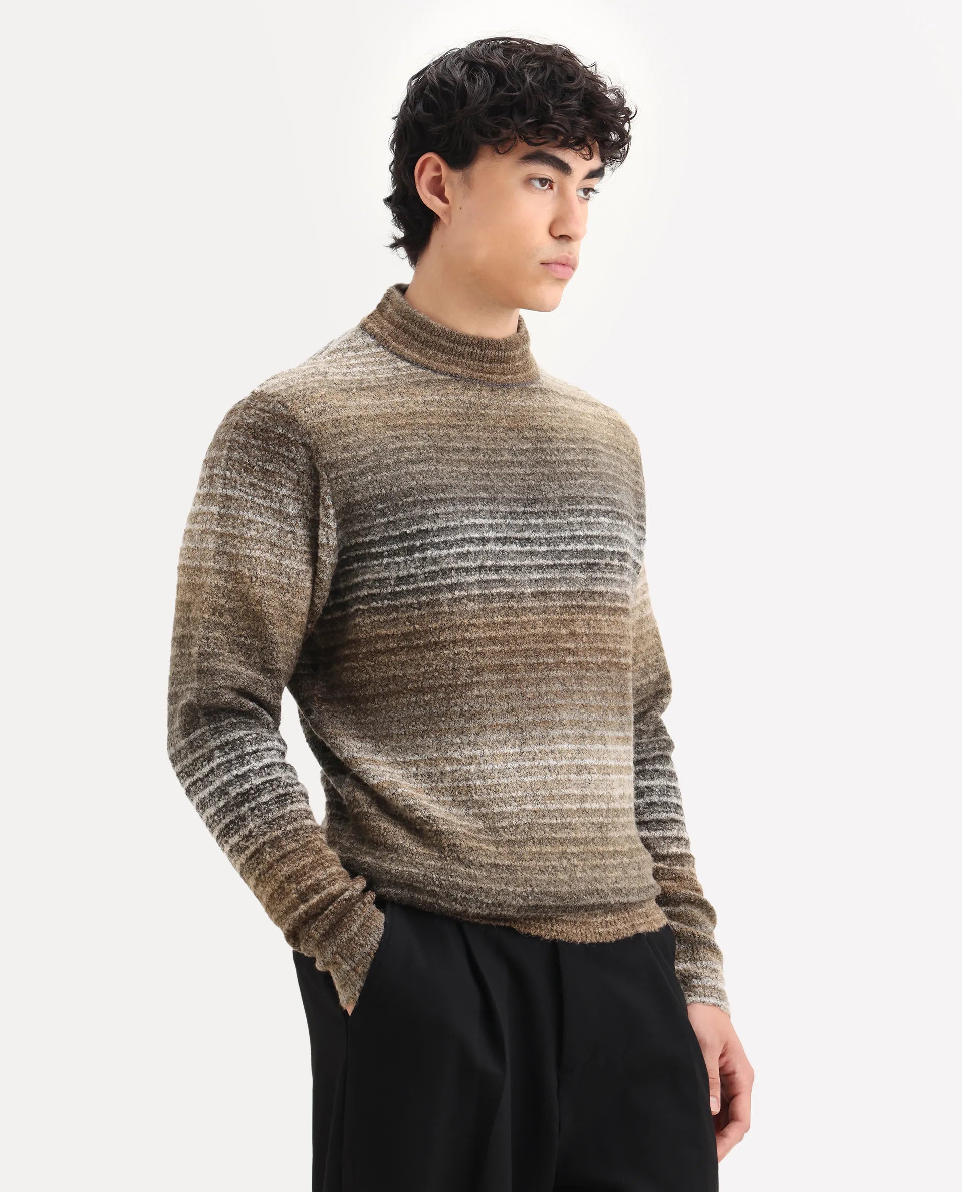 Rare Rabbit Men's Nemo Light Beige Acrylic Color Block Regular Fit Full Sleeve Crew Neck Sweater