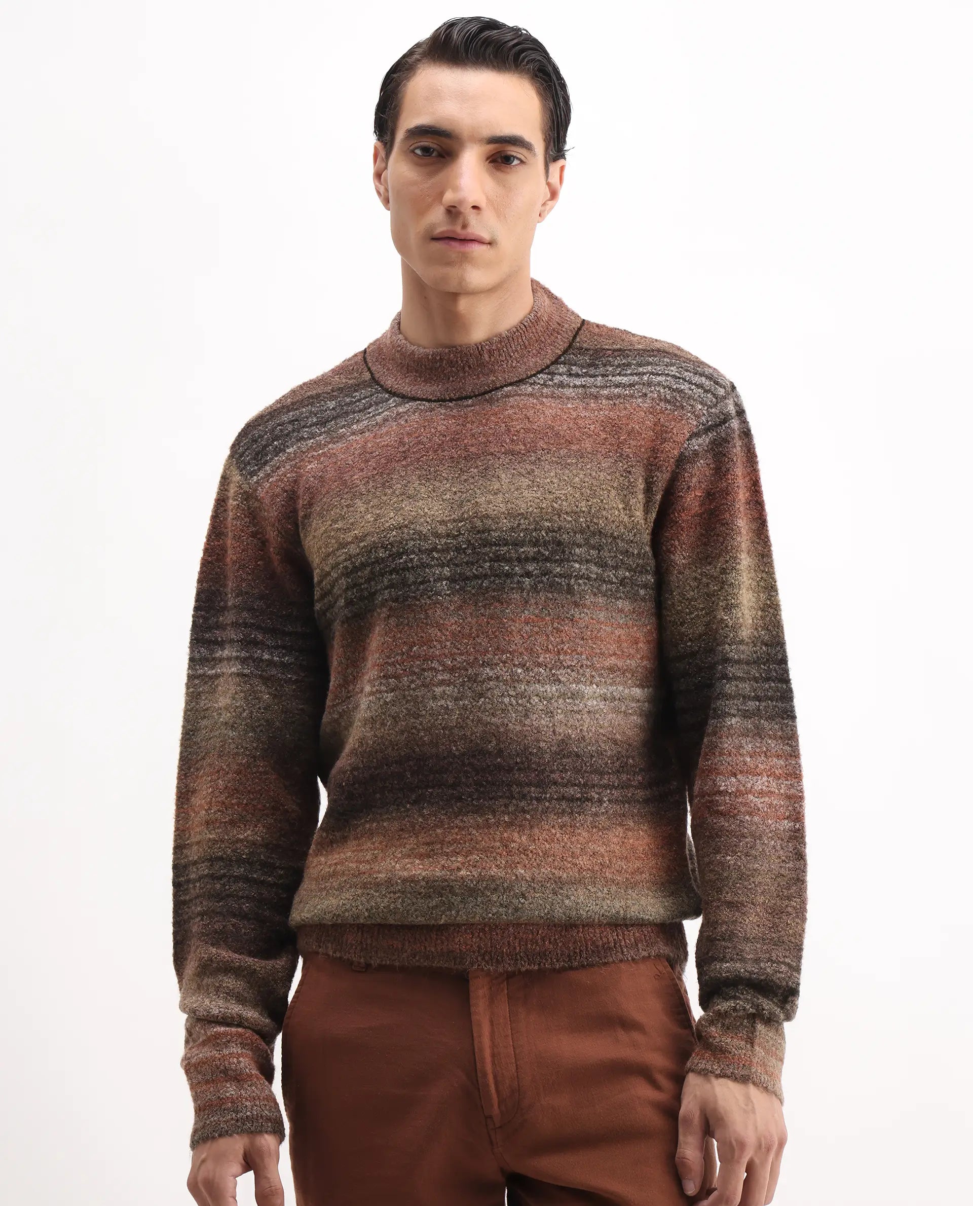 Rare Rabbit Men's Nemo Light Brown Acrylic Color Block Regular Fit Full Sleeve Crew Neck Sweater