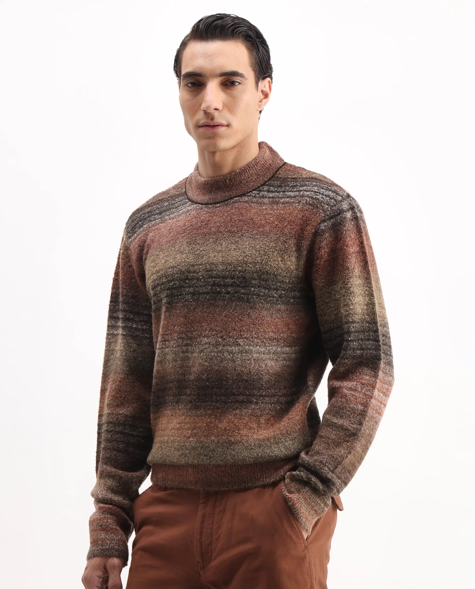 Rare Rabbit Men's Nemo Light Brown Acrylic Color Block Regular Fit Full Sleeve Crew Neck Sweater