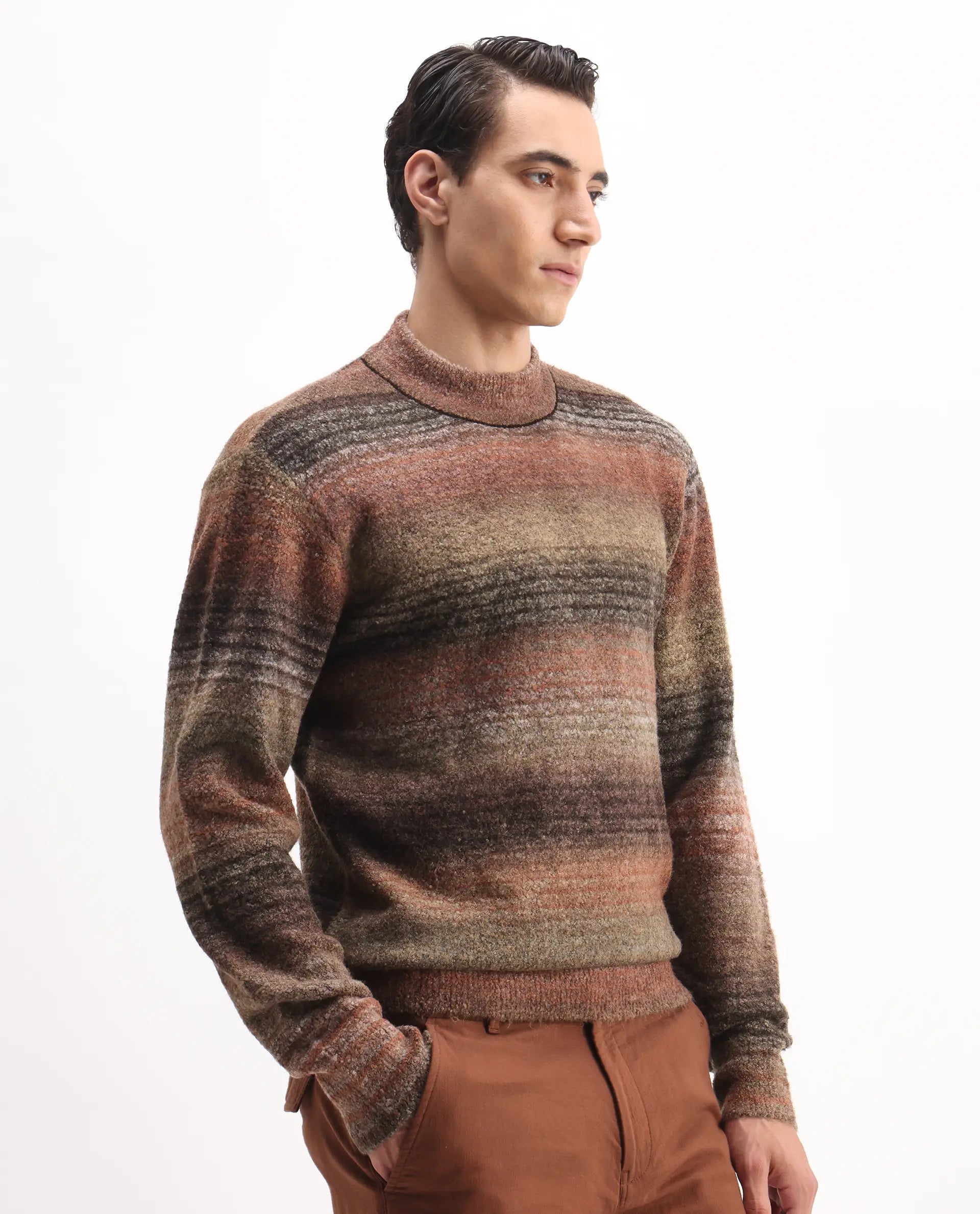 Rare Rabbit Men's Nemo Light Brown Acrylic Color Block Regular Fit Full Sleeve Crew Neck Sweater
