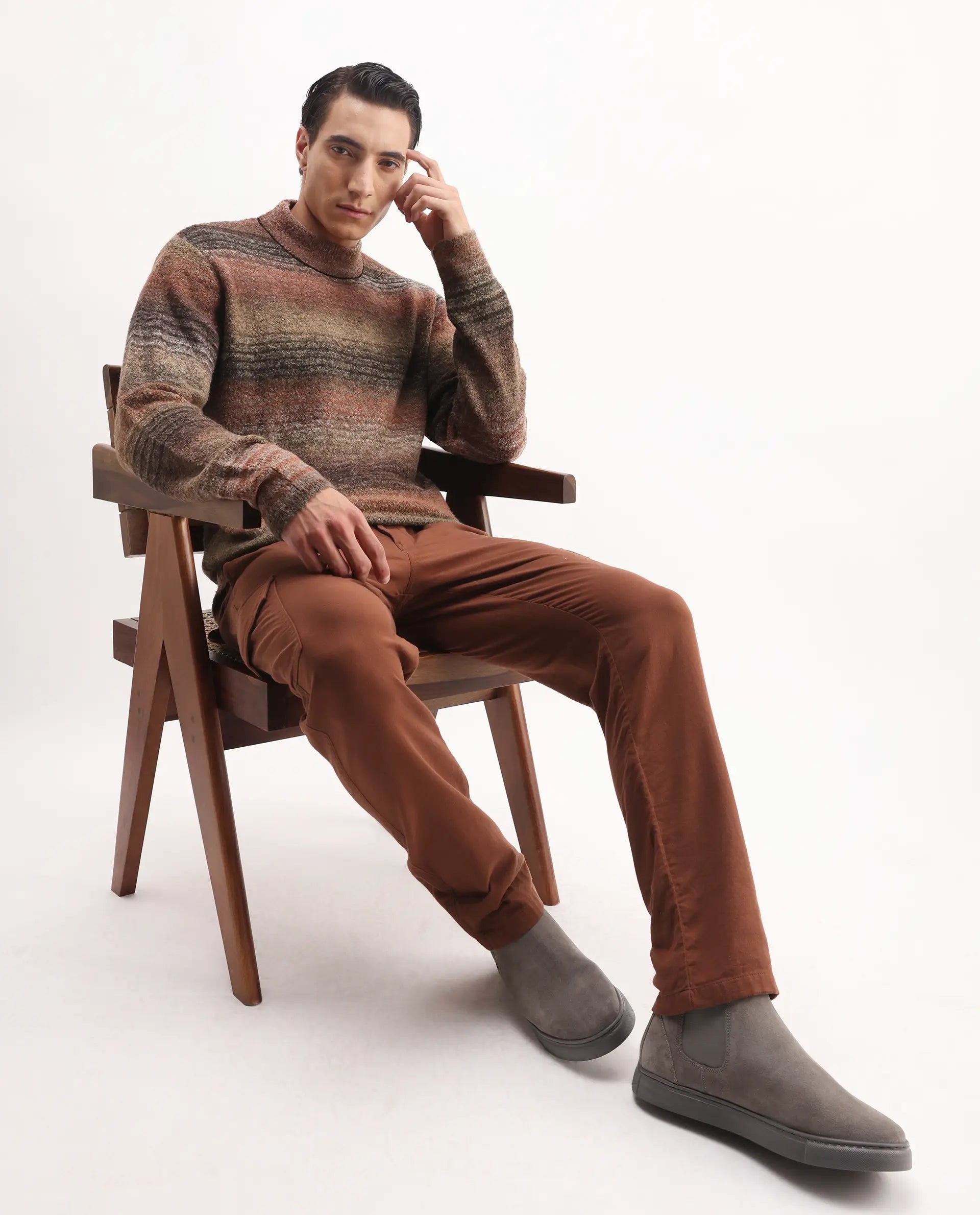 Rare Rabbit Men's Nemo Light Brown Acrylic Color Block Regular Fit Full Sleeve Crew Neck Sweater