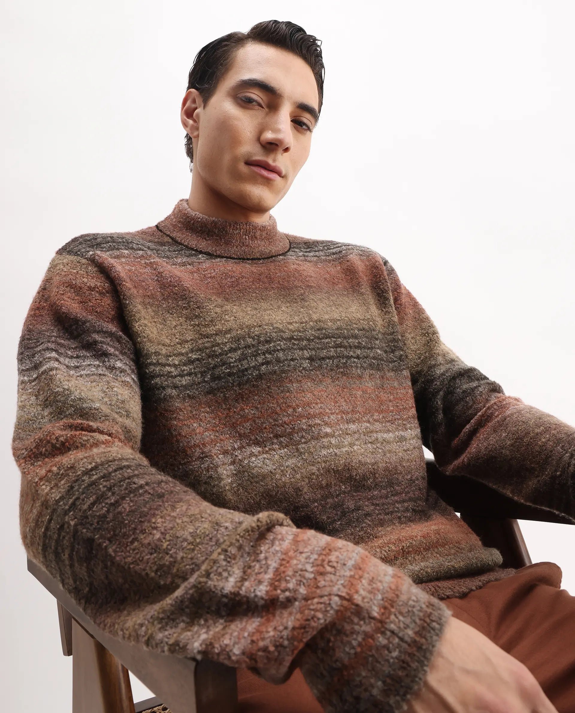 Rare Rabbit Men's Nemo Light Brown Acrylic Color Block Regular Fit Full Sleeve Crew Neck Sweater