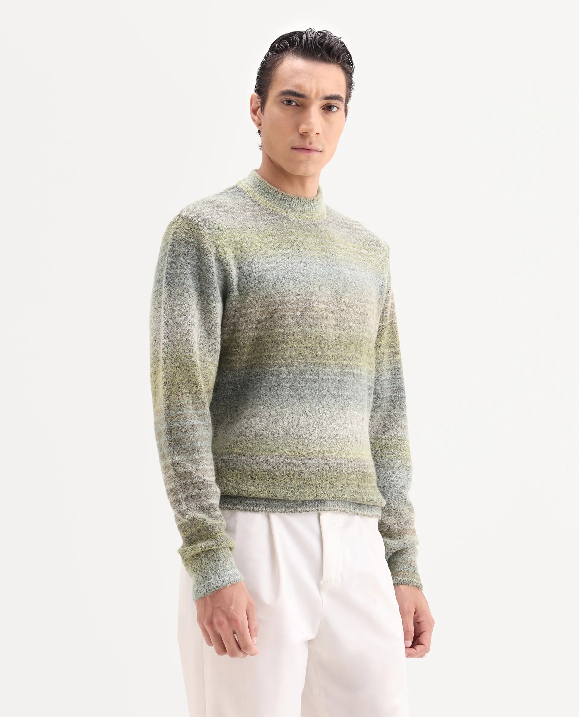 Rare Rabbit Men's Nemot Light Green Acrylic Colorblock Regular Fit Full Sleeve Crew Neck Sweater