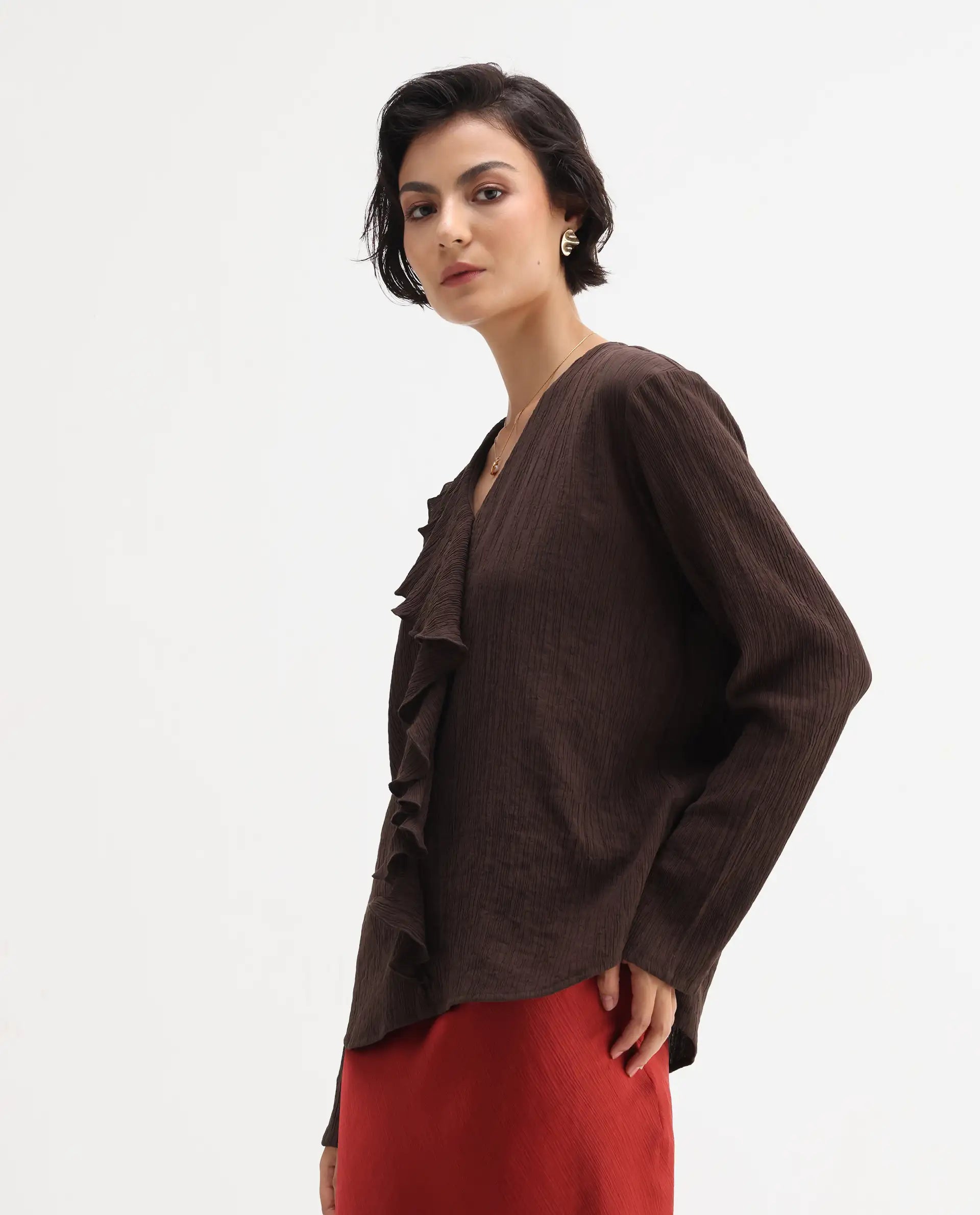 Rareism Women's Nemti-Brown Viscose Blend Ruffled Neck Regular Fit Plain Top
