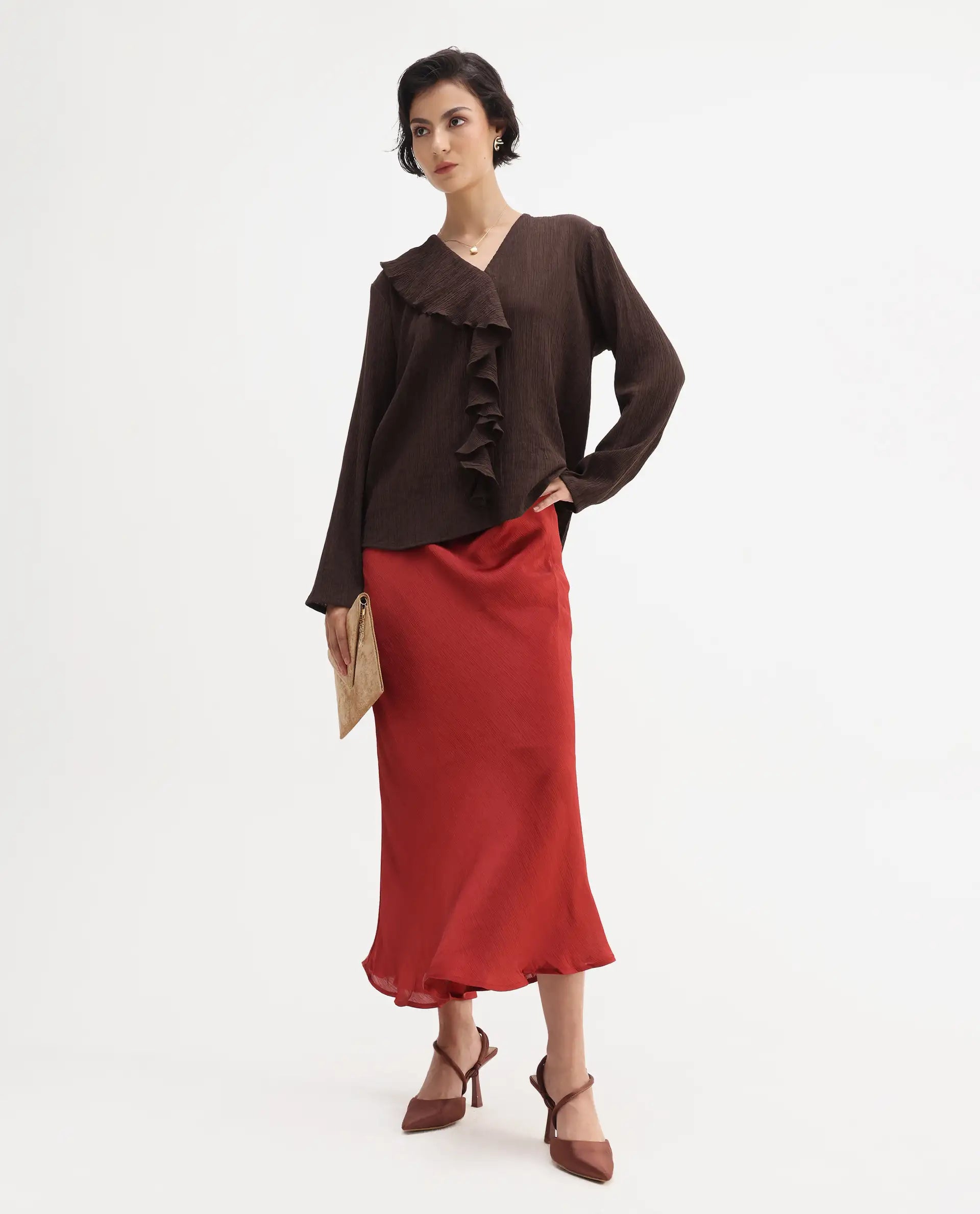 Rareism Women's Nemti-Brown Viscose Blend Ruffled Neck Regular Fit Plain Top