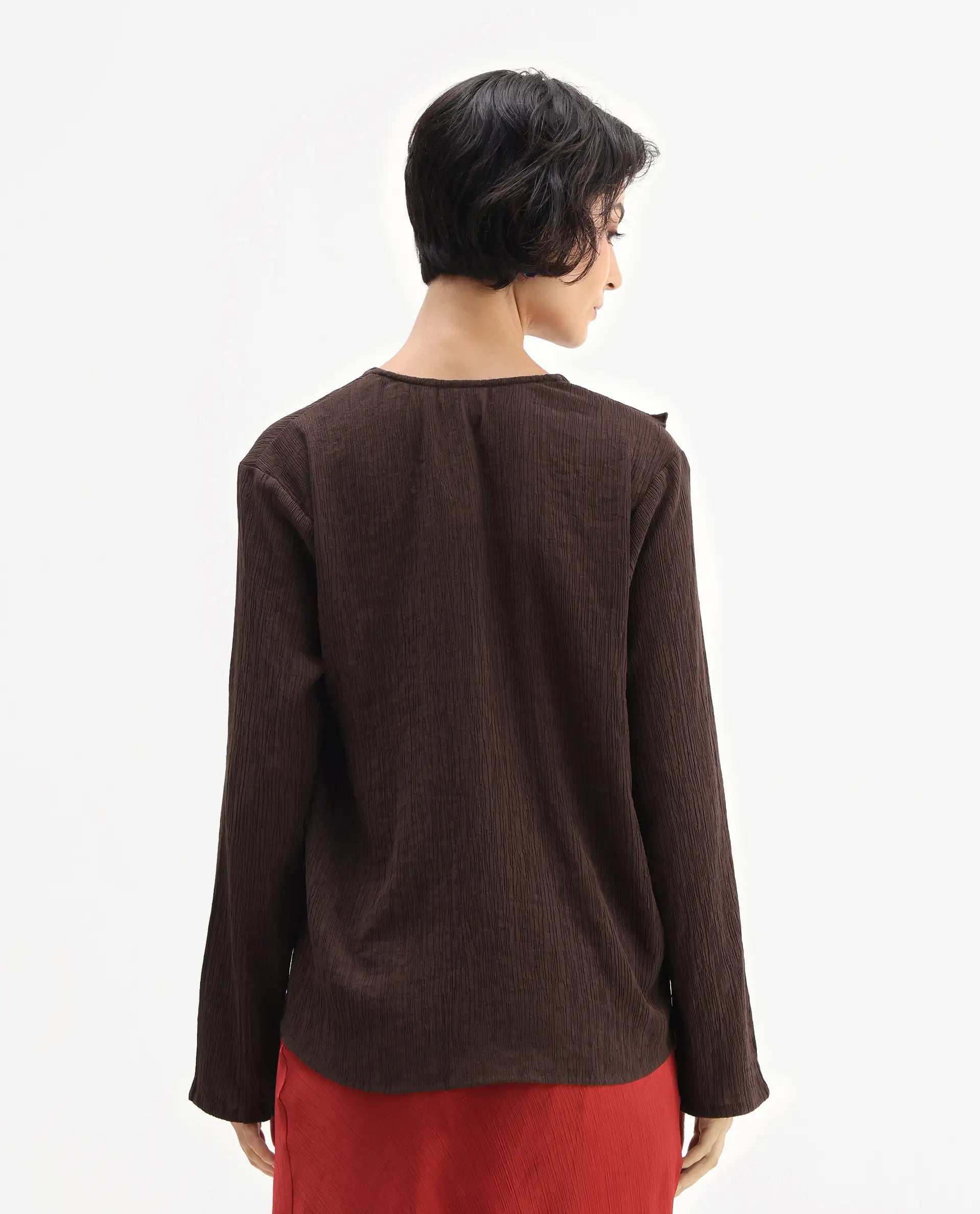Rareism Women's Nemti-Brown Viscose Blend Ruffled Neck Regular Fit Plain Top
