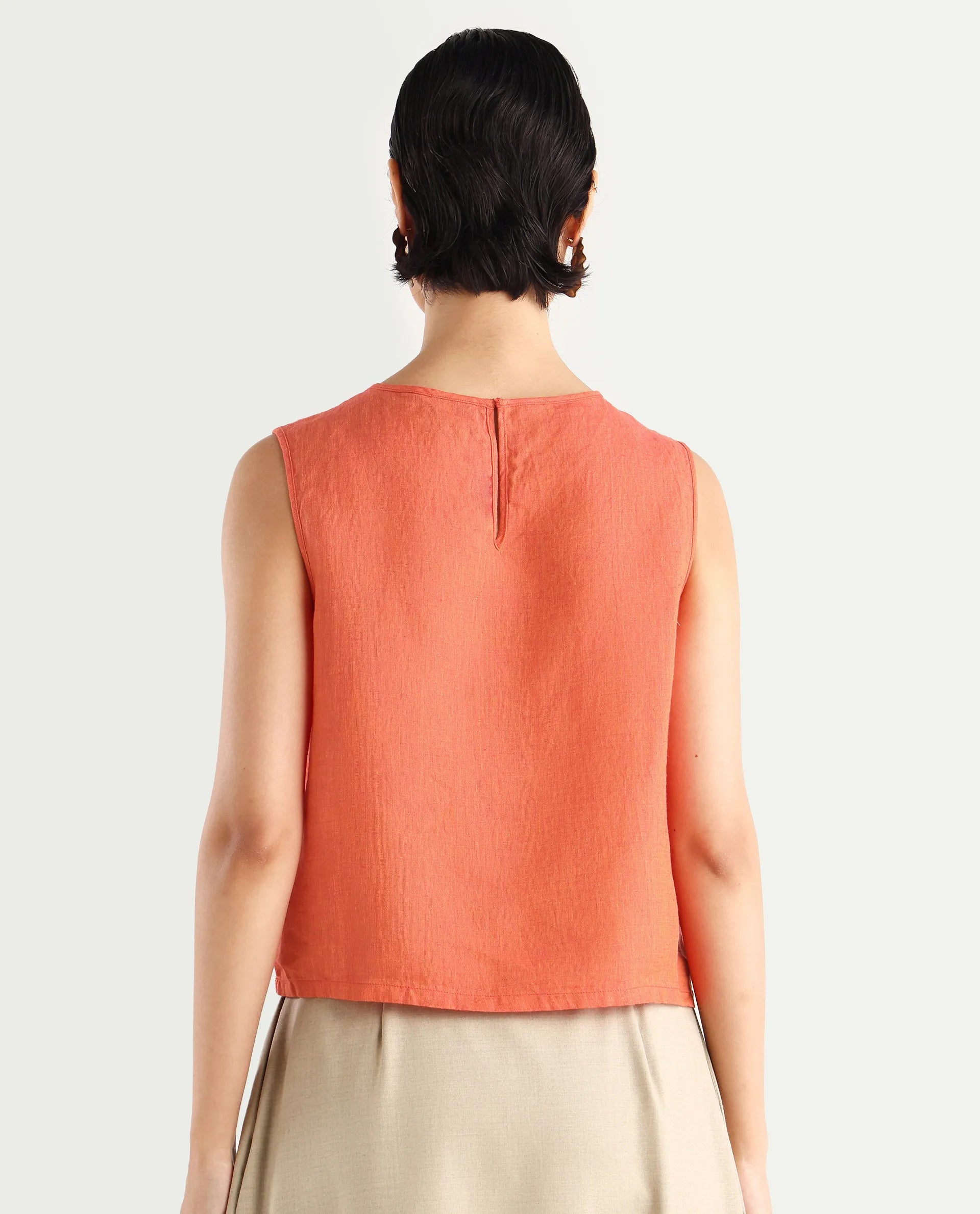 Rareism Women's Nenk Orange Linen Sleeveless Crew Neck Regular Fit Plain Top
