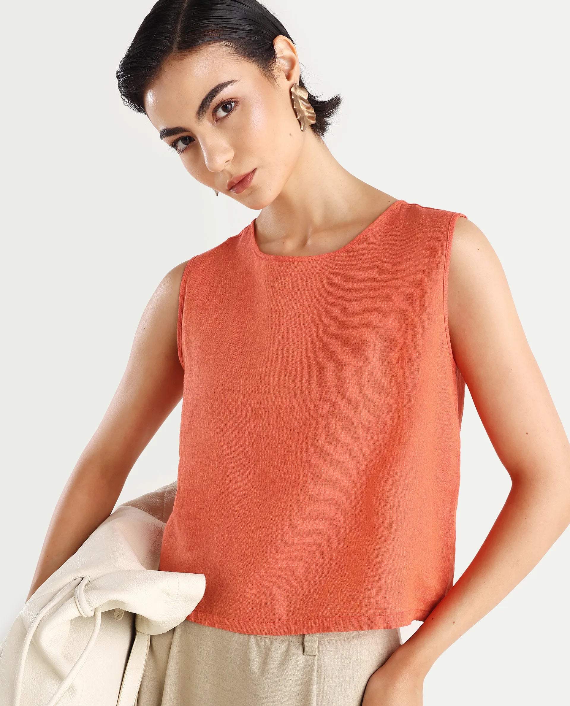 Rareism Women's Nenk Orange Linen Sleeveless Crew Neck Regular Fit Plain Top