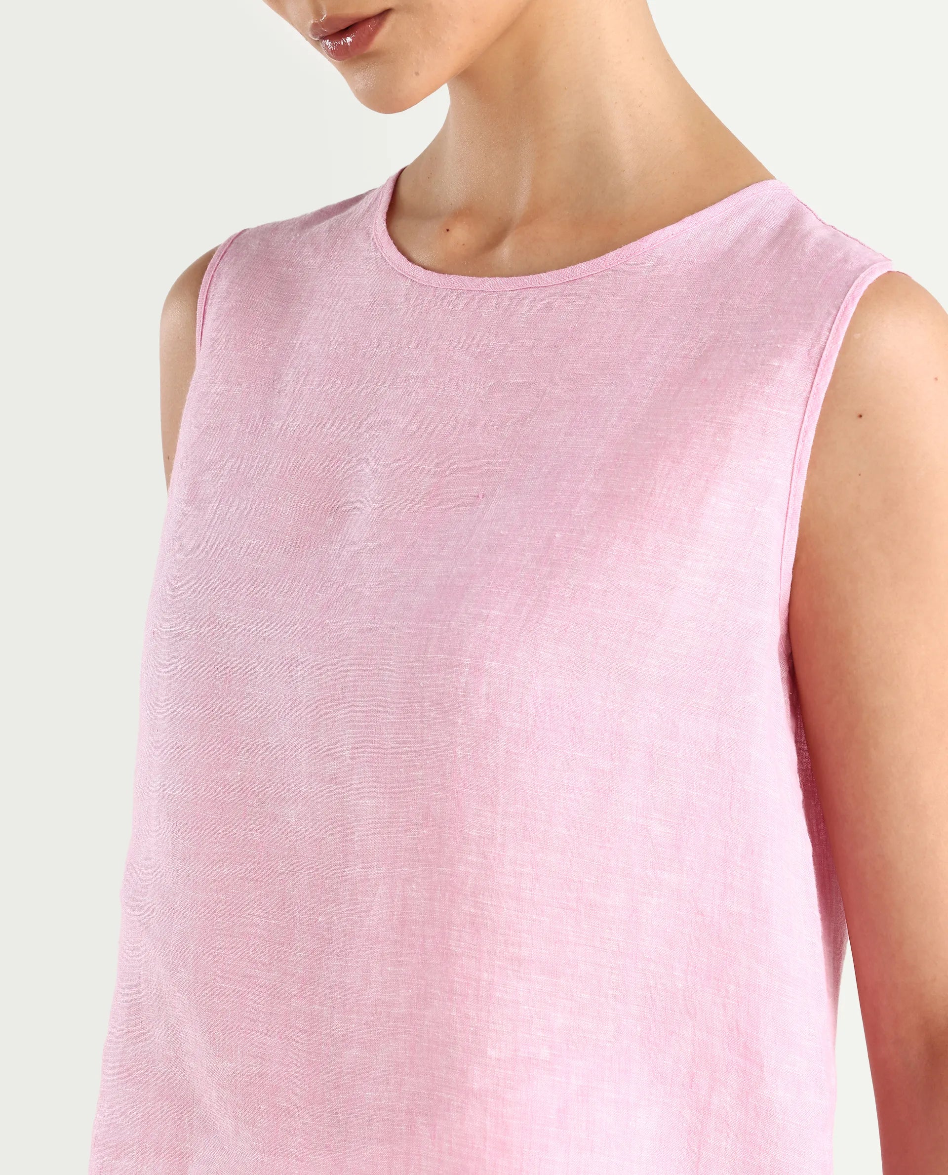 Rareism Women's Nenk Light Pink Linen Sleeveless Crew Neck Regular Fit Plain Top