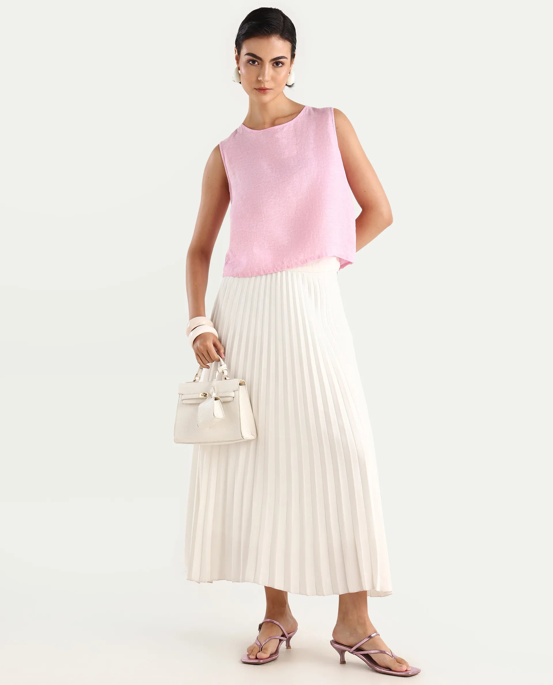 Rareism Women's Nenk Light Pink Linen Sleeveless Crew Neck Regular Fit Plain Top