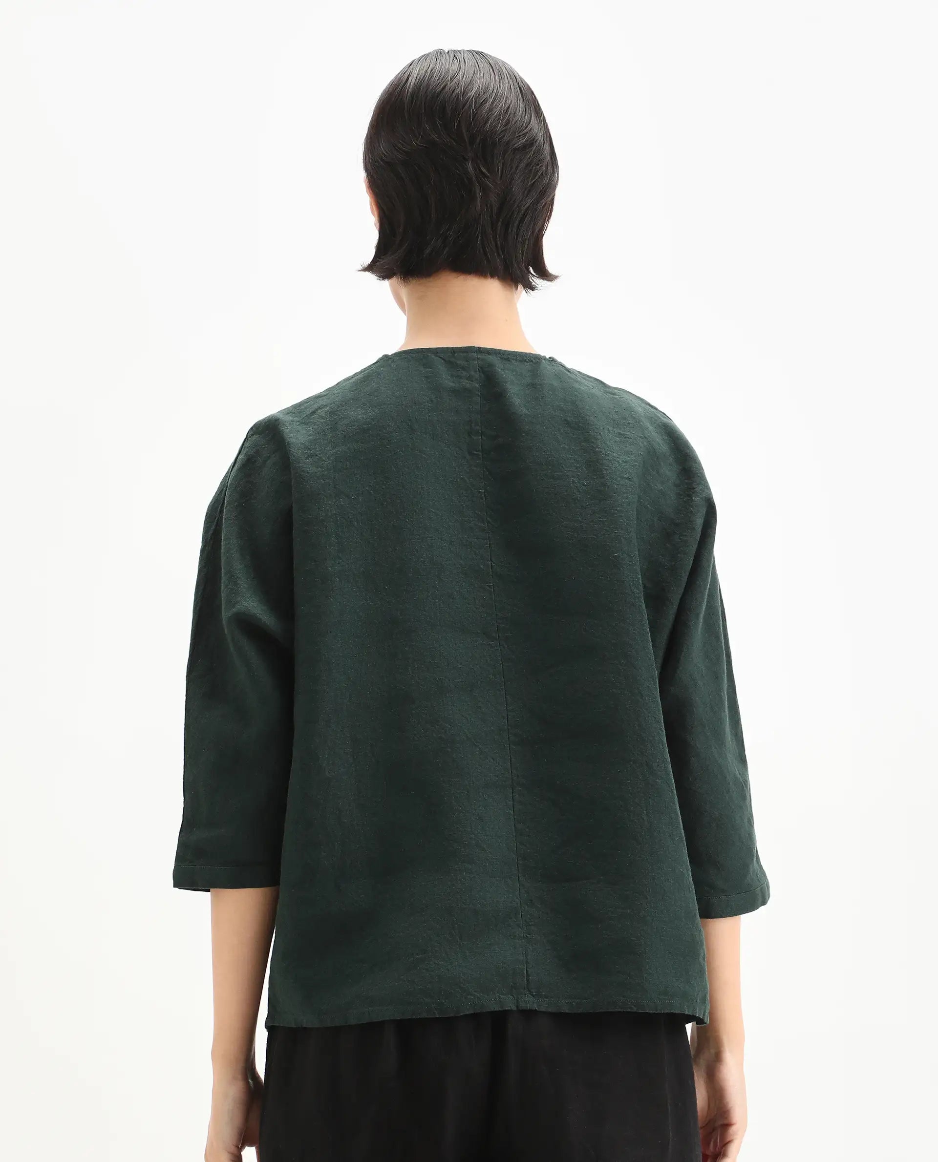 Rareism Women's Nenma Dark Green 100% Linen Kimono Sleeve V-Neck Relaxed Fit Plain Top