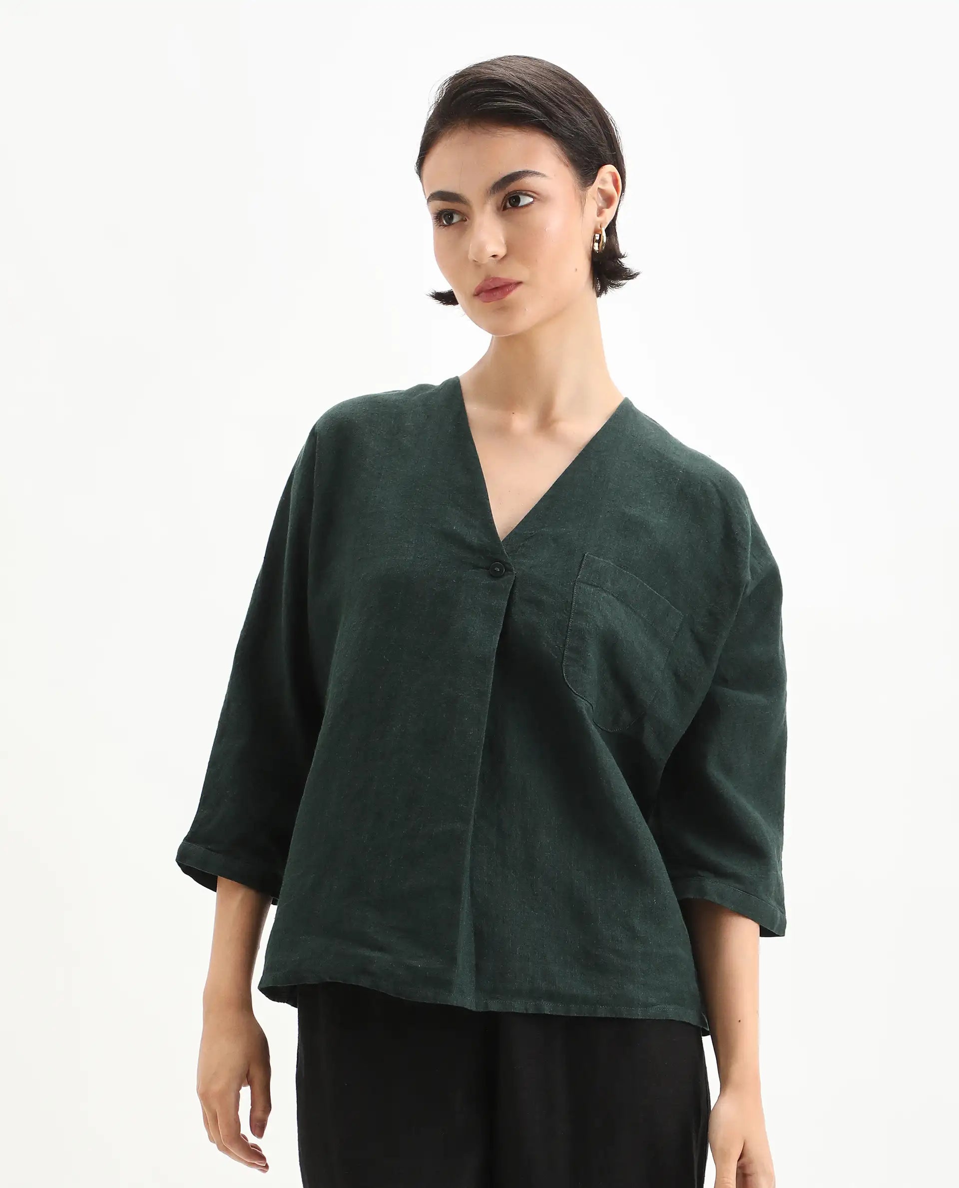 Rareism Women's Nenma Dark Green 100% Linen Kimono Sleeve V-Neck Relaxed Fit Plain Top