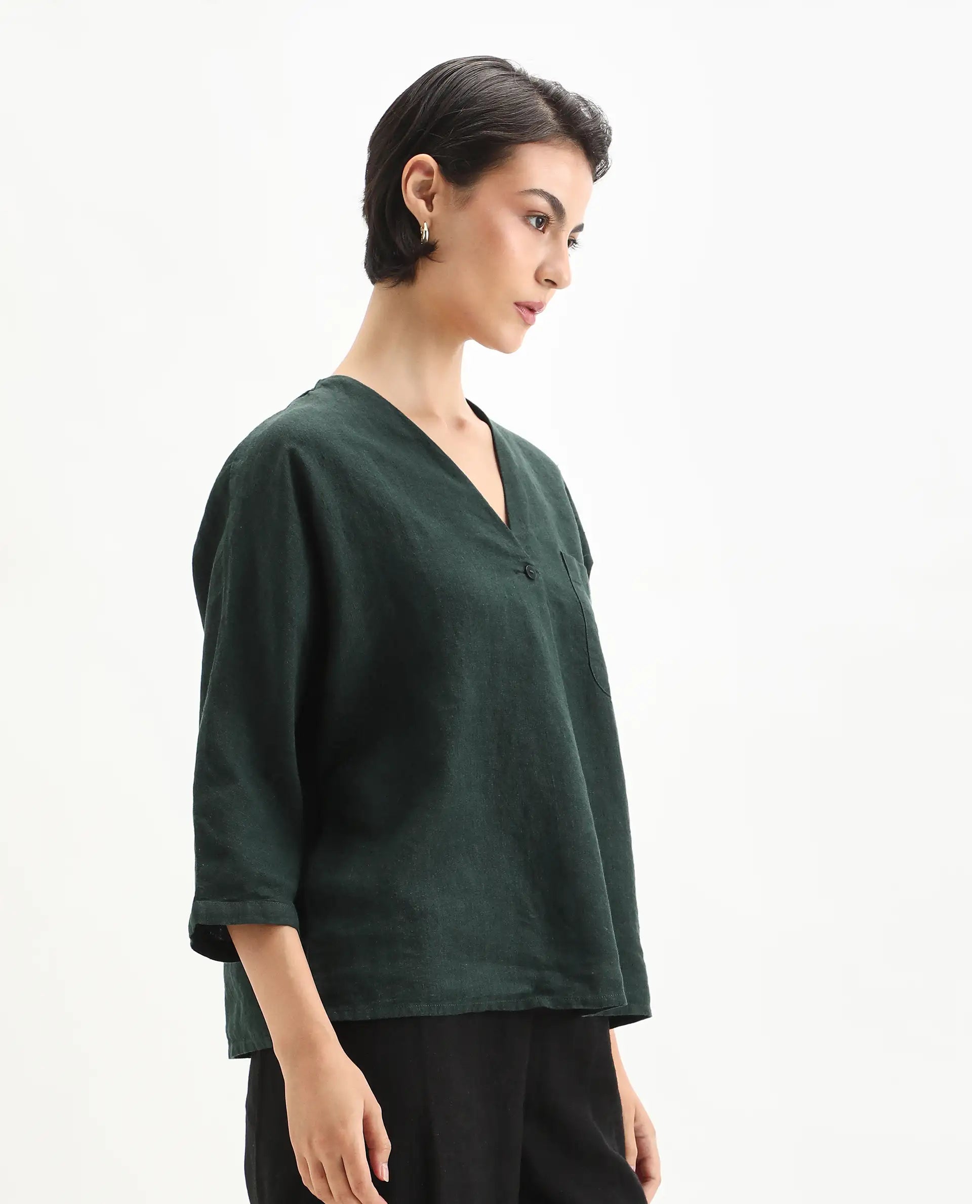 Rareism Women's Nenma Dark Green 100% Linen Kimono Sleeve V-Neck Relaxed Fit Plain Top