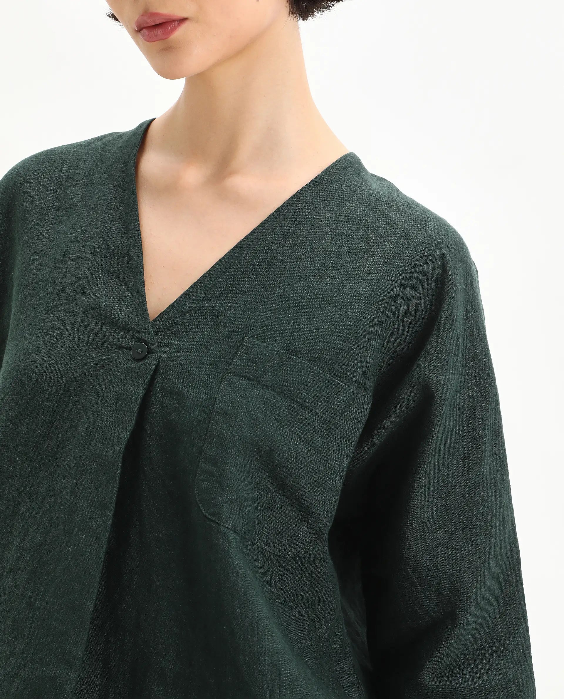 Rareism Women's Nenma Dark Green 100% Linen Kimono Sleeve V-Neck Relaxed Fit Plain Top