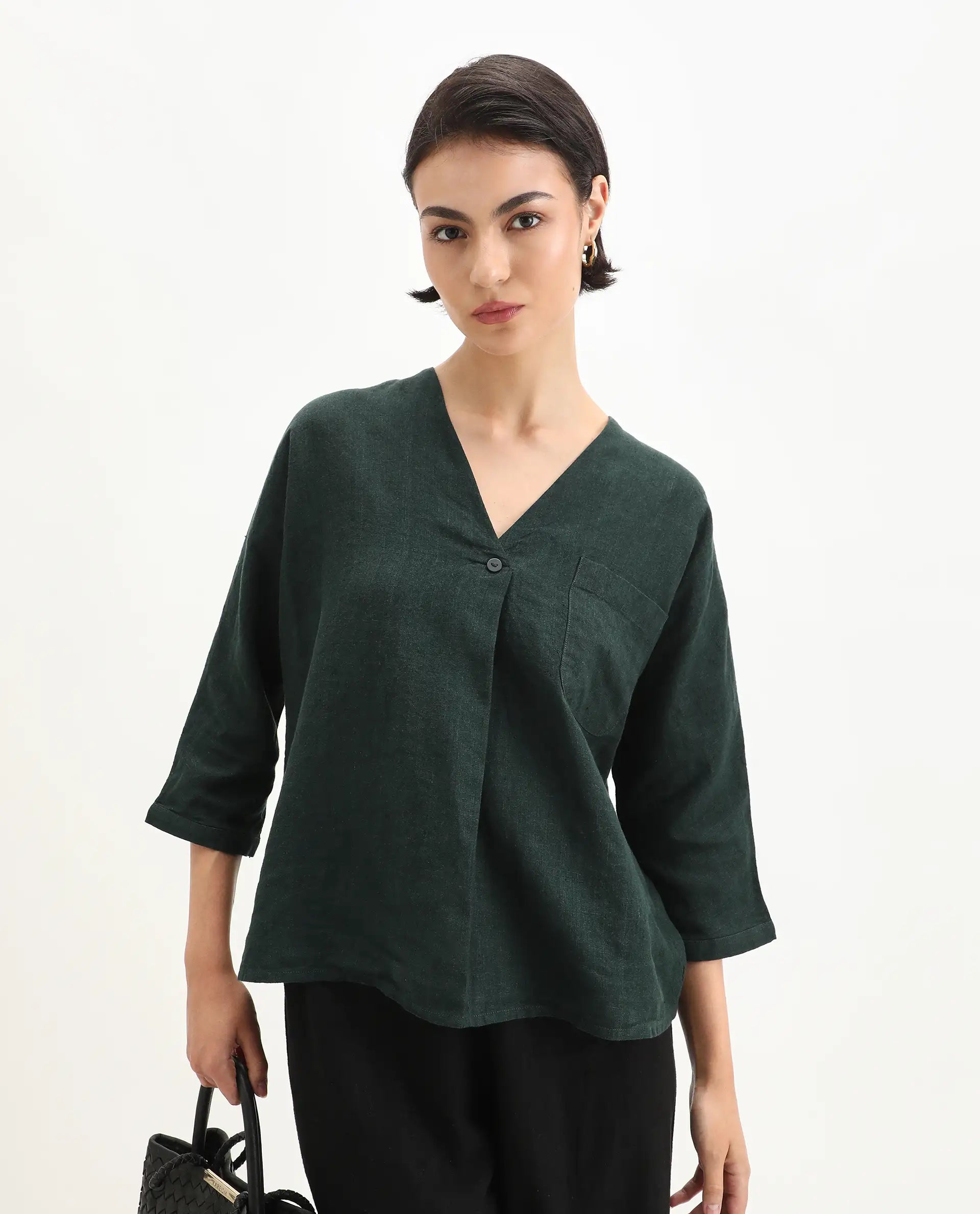 Rareism Women's Nenma Dark Green 100% Linen Kimono Sleeve V-Neck Relaxed Fit Plain Top