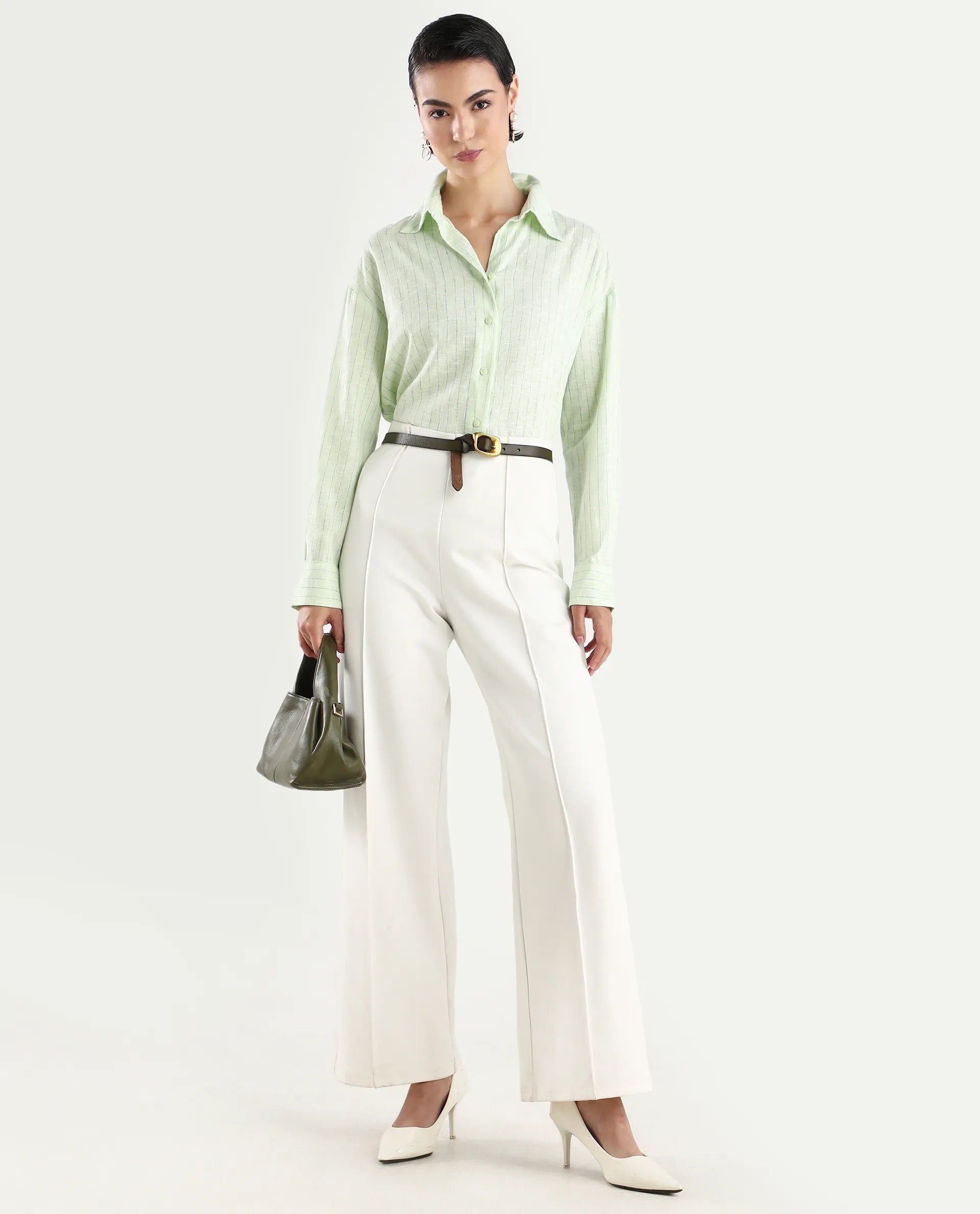 Rareism Women's Nenora Light Green 100% Linen Spread Collar Boxy Fit Shirt