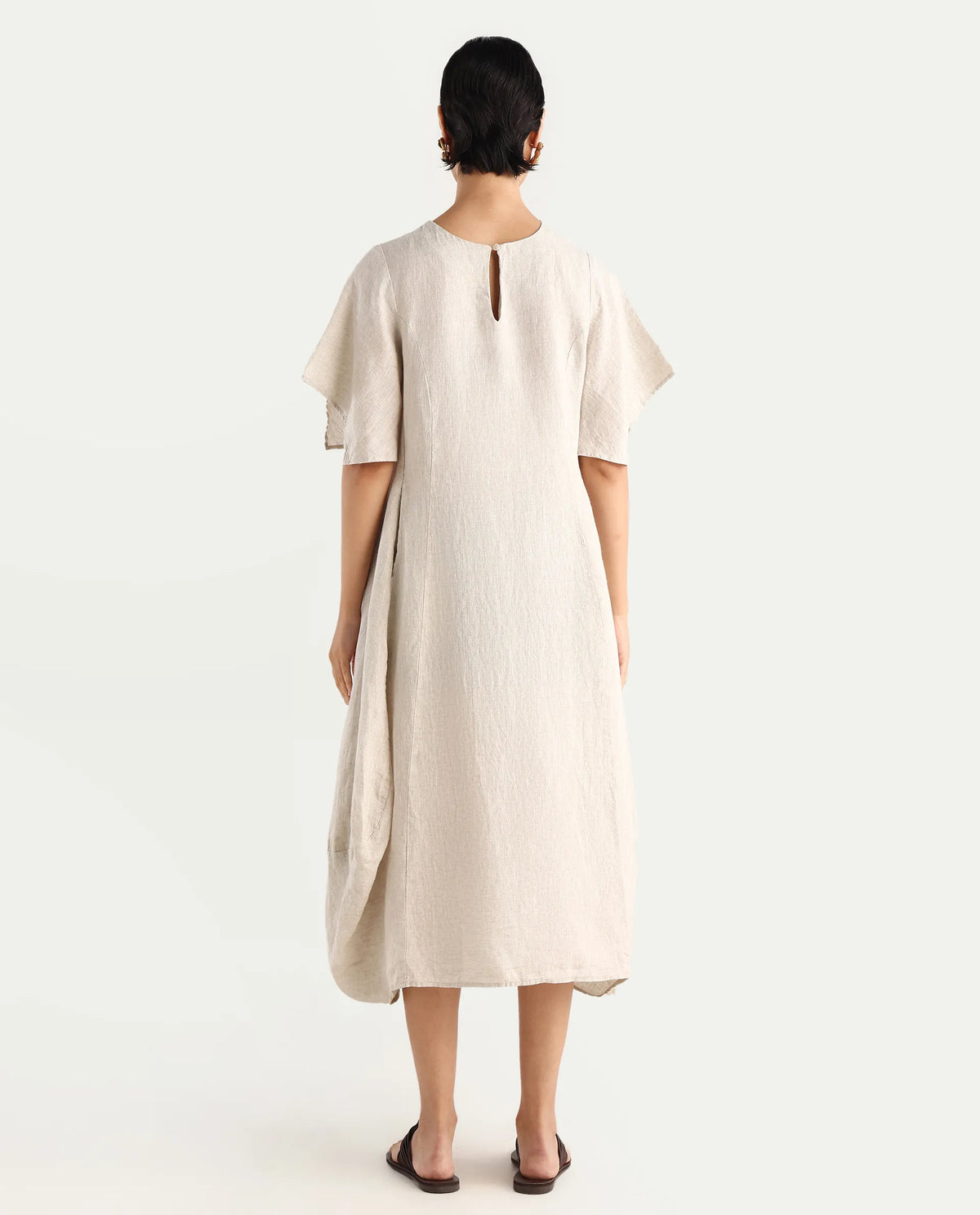 Rareism Women's Nensy Dark Beige 100% Linen Crew Neck Relaxed Fit Plain Dress