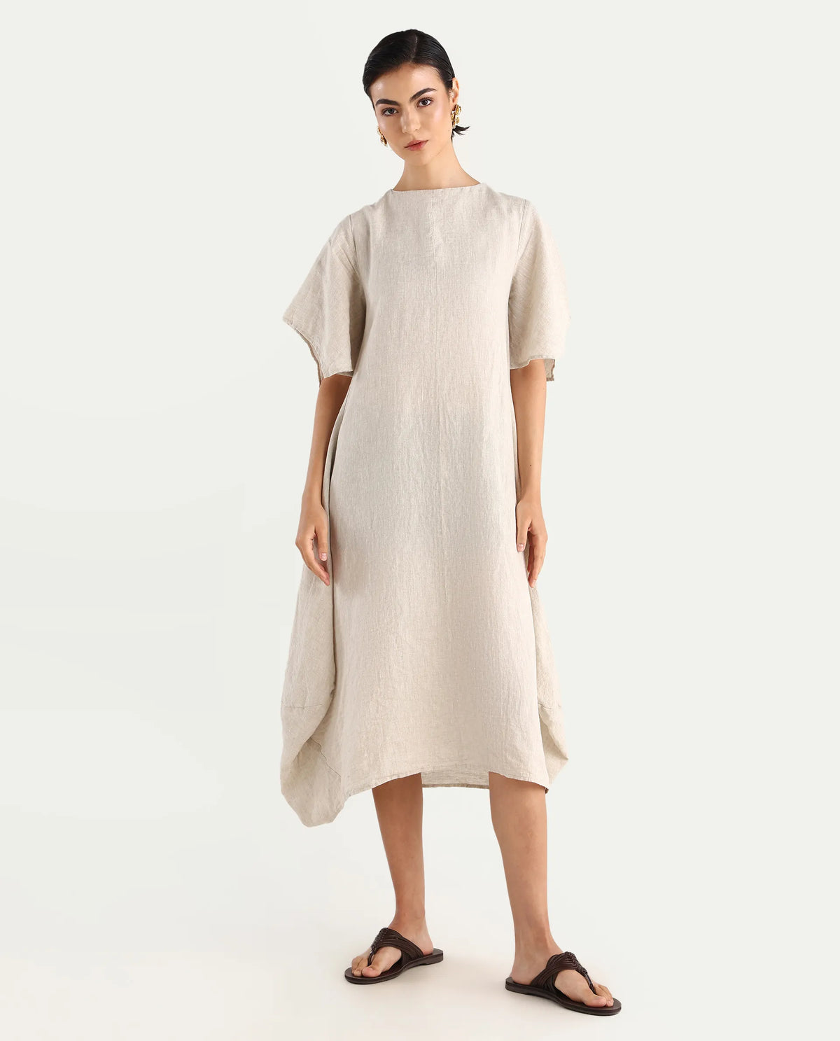 Rareism Women's Nensy Dark Beige 100% Linen Crew Neck Relaxed Fit Plain Dress