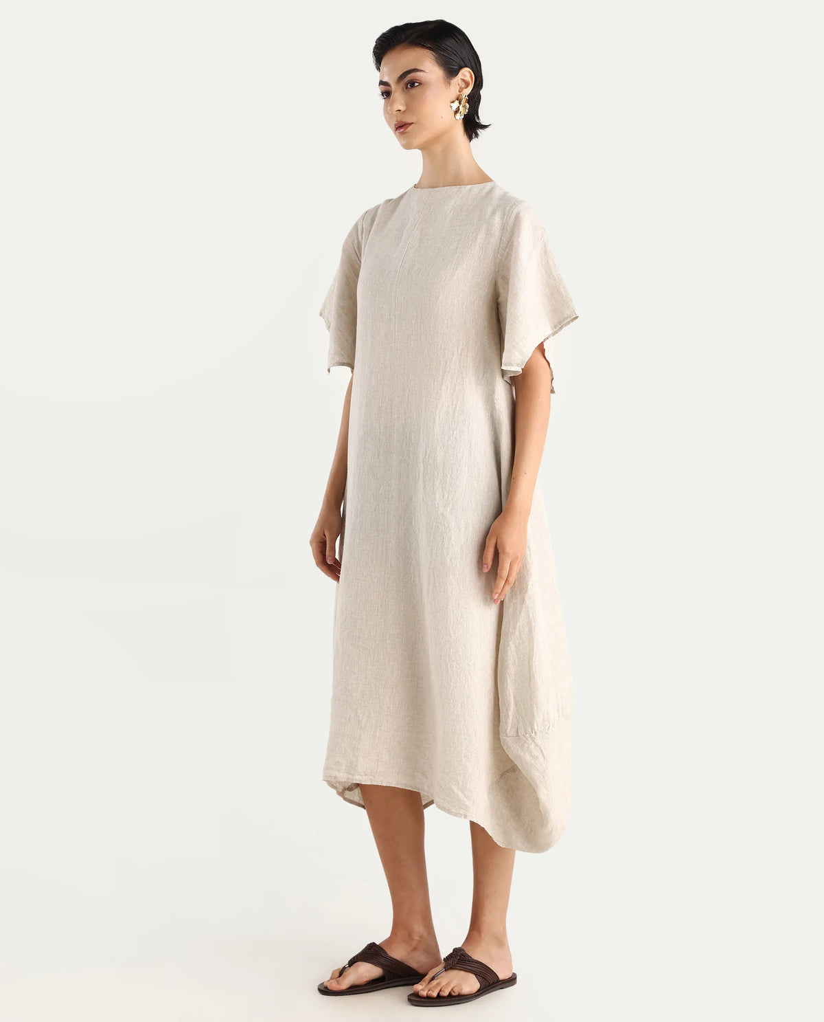 Rareism Women's Nensy Dark Beige 100% Linen Crew Neck Relaxed Fit Plain Dress
