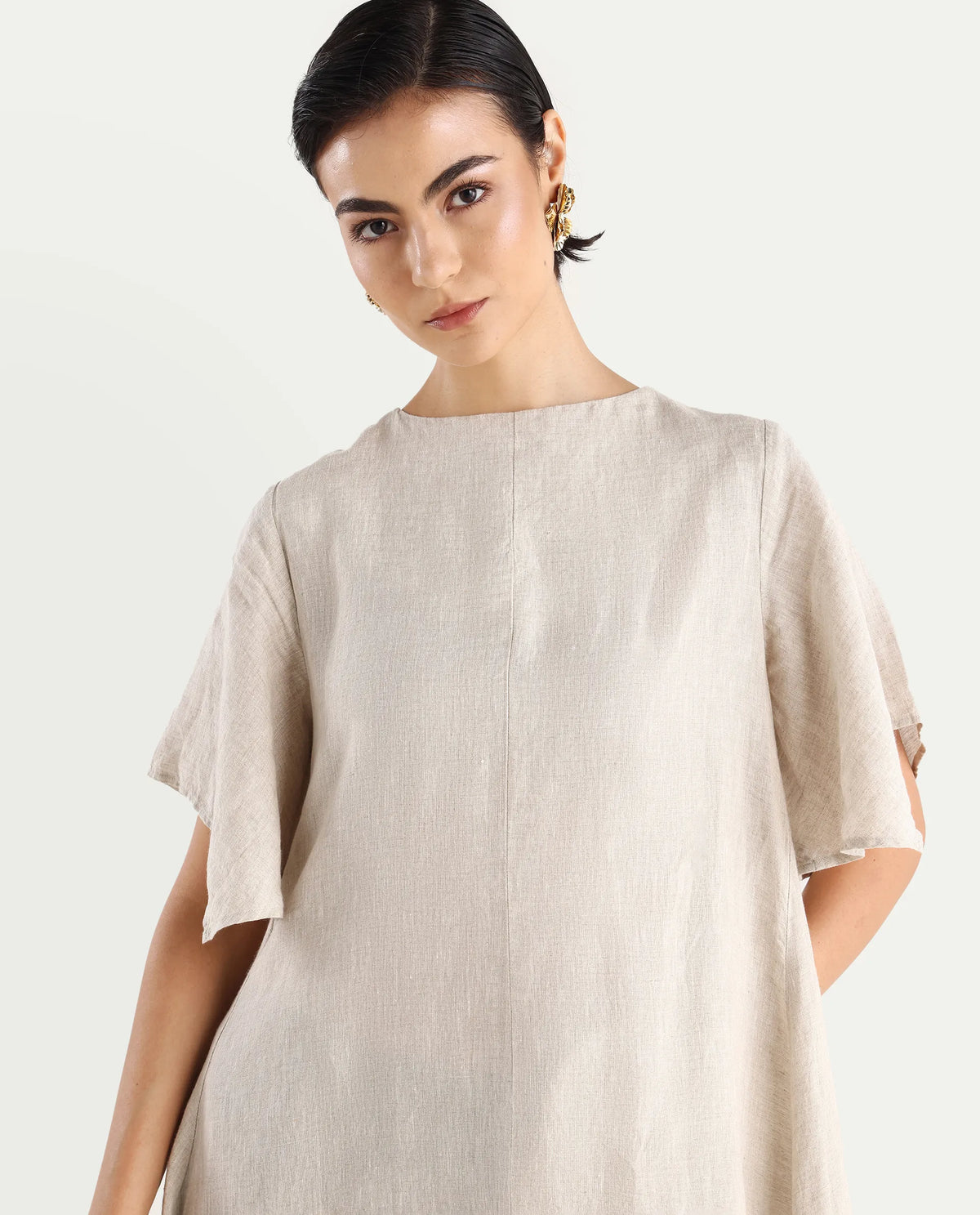 Rareism Women's Nensy Dark Beige 100% Linen Crew Neck Relaxed Fit Plain Dress