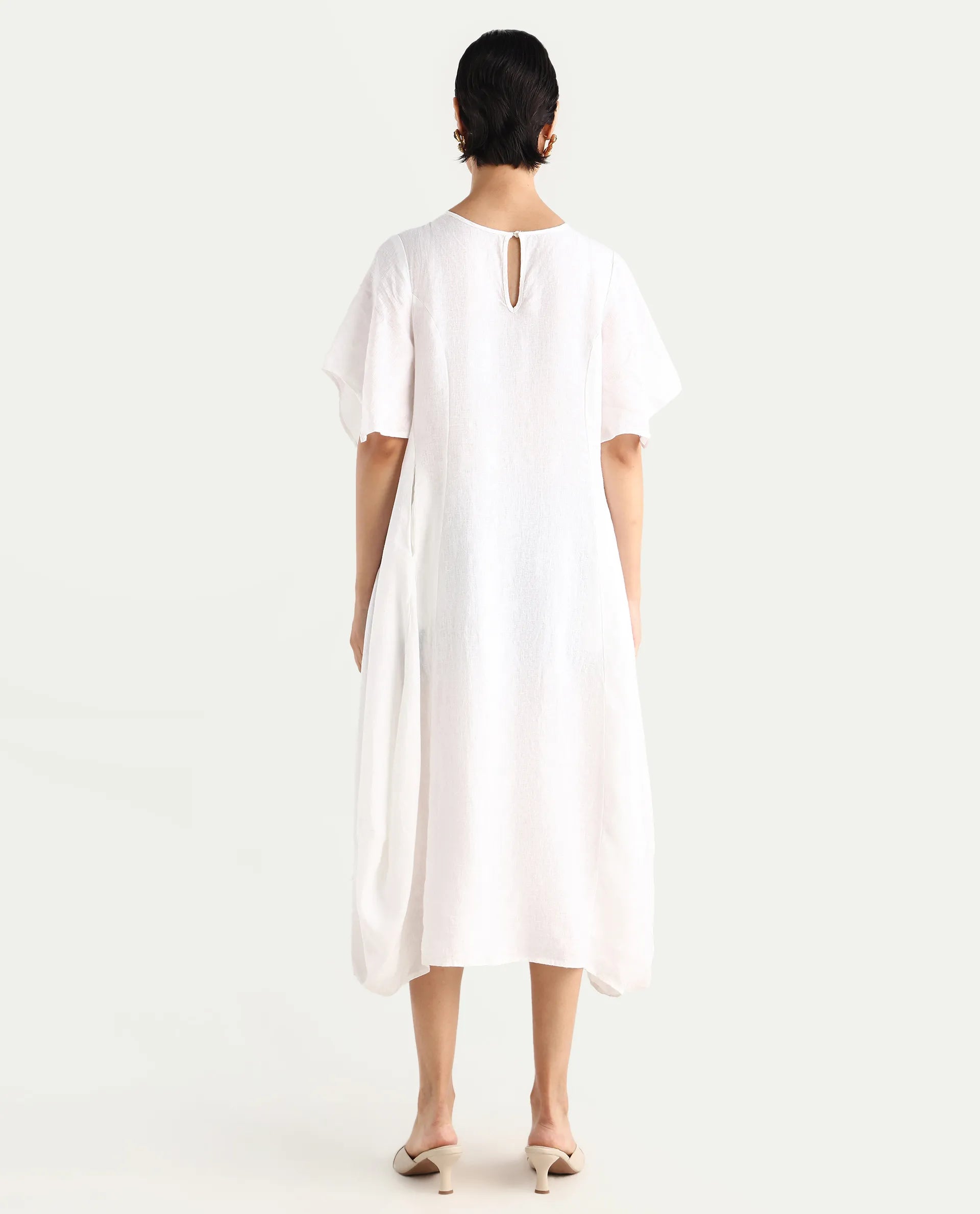 Rareism Women's Nensy White 100% Linen Crew Neck Relaxed Fit Plain Dress
