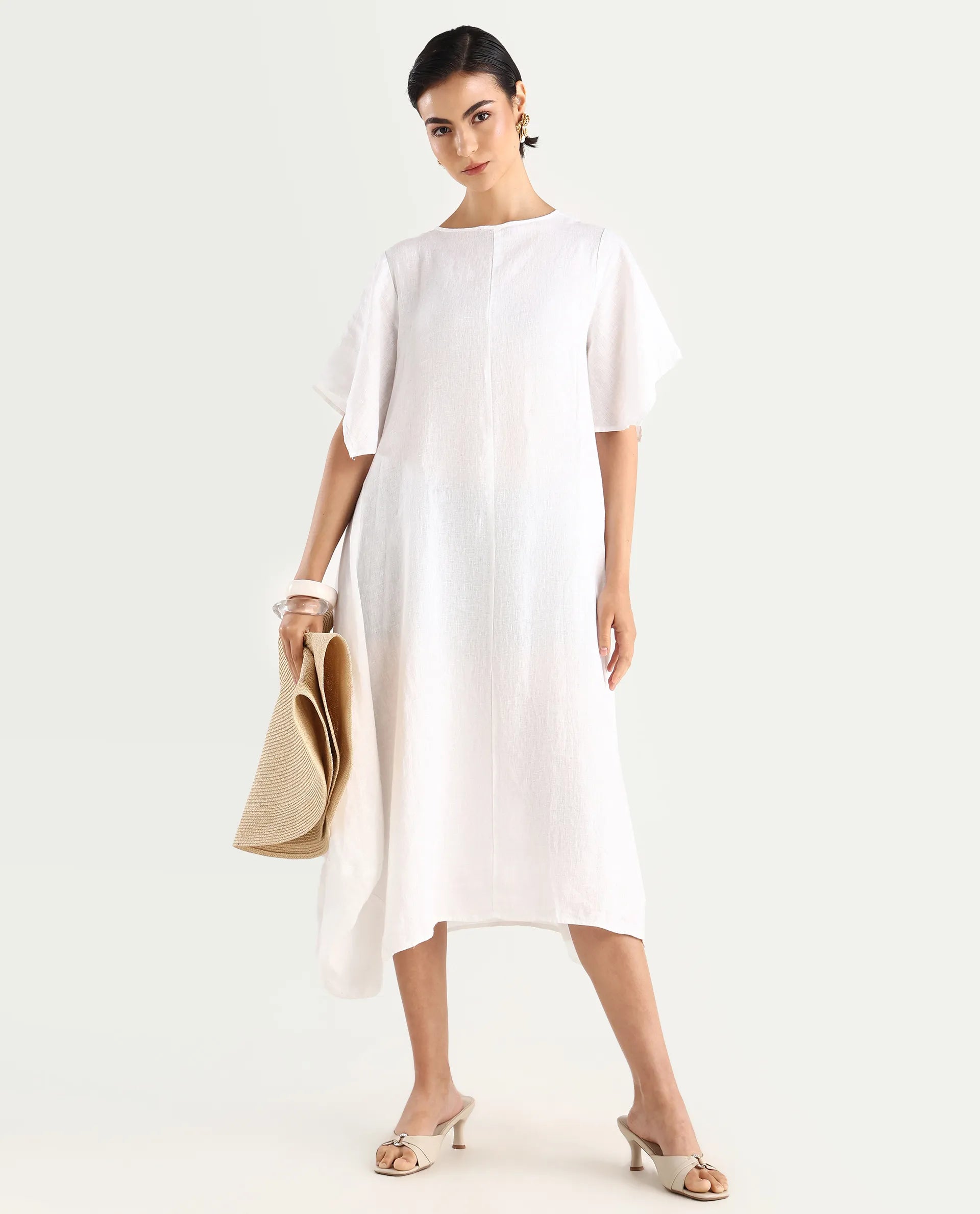 Rareism Women's Nensy White 100% Linen Crew Neck Relaxed Fit Plain Dress