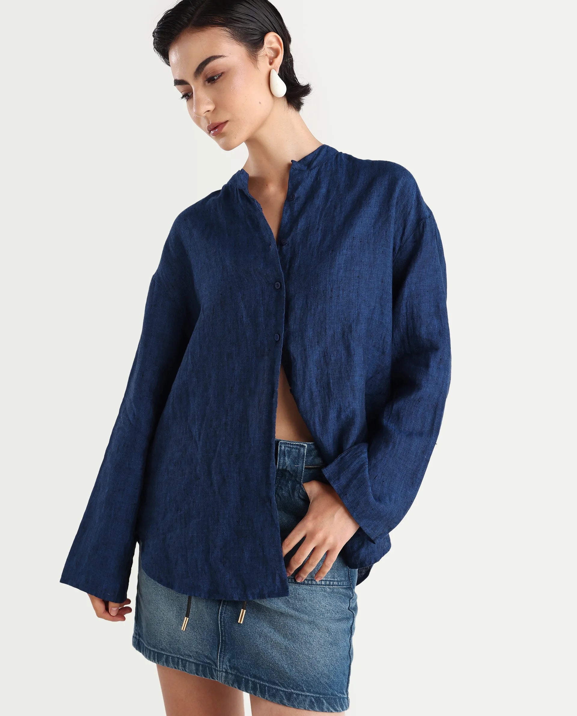Rareism Women's Nent Navy 100% Linen Mandarin Collar Regular Fit Top