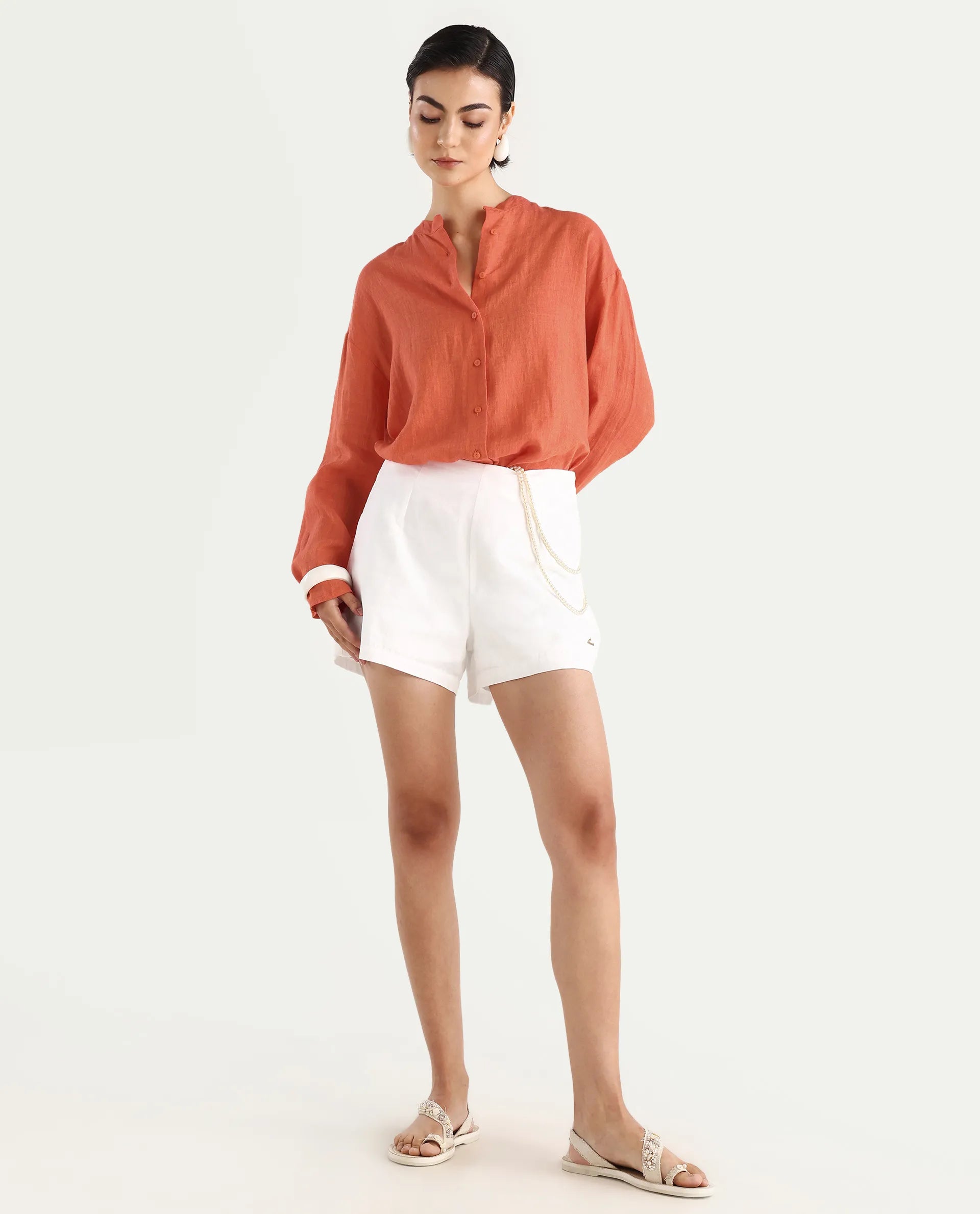 Rareism Women's Nent Orange 100% Linen Mandarin Collar Regular Fit Plain Top