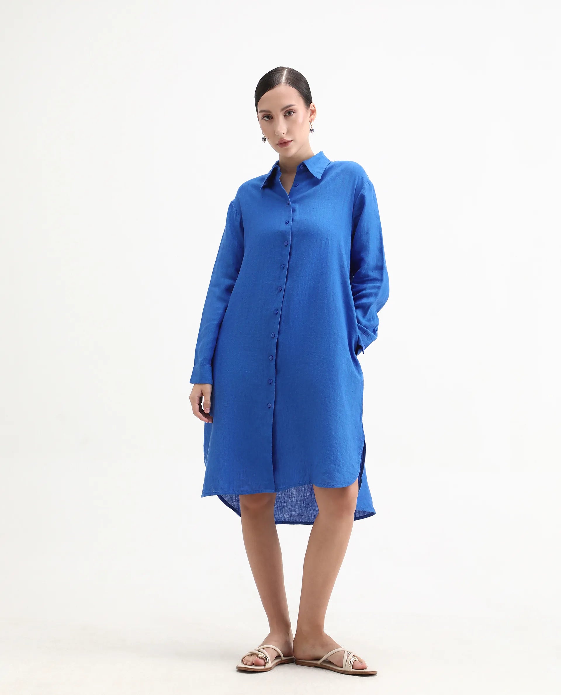 Rareism Women's Nentu Blue Linen Cuffed Sleeve Spread Collar Relaxed Fit Plain Dress