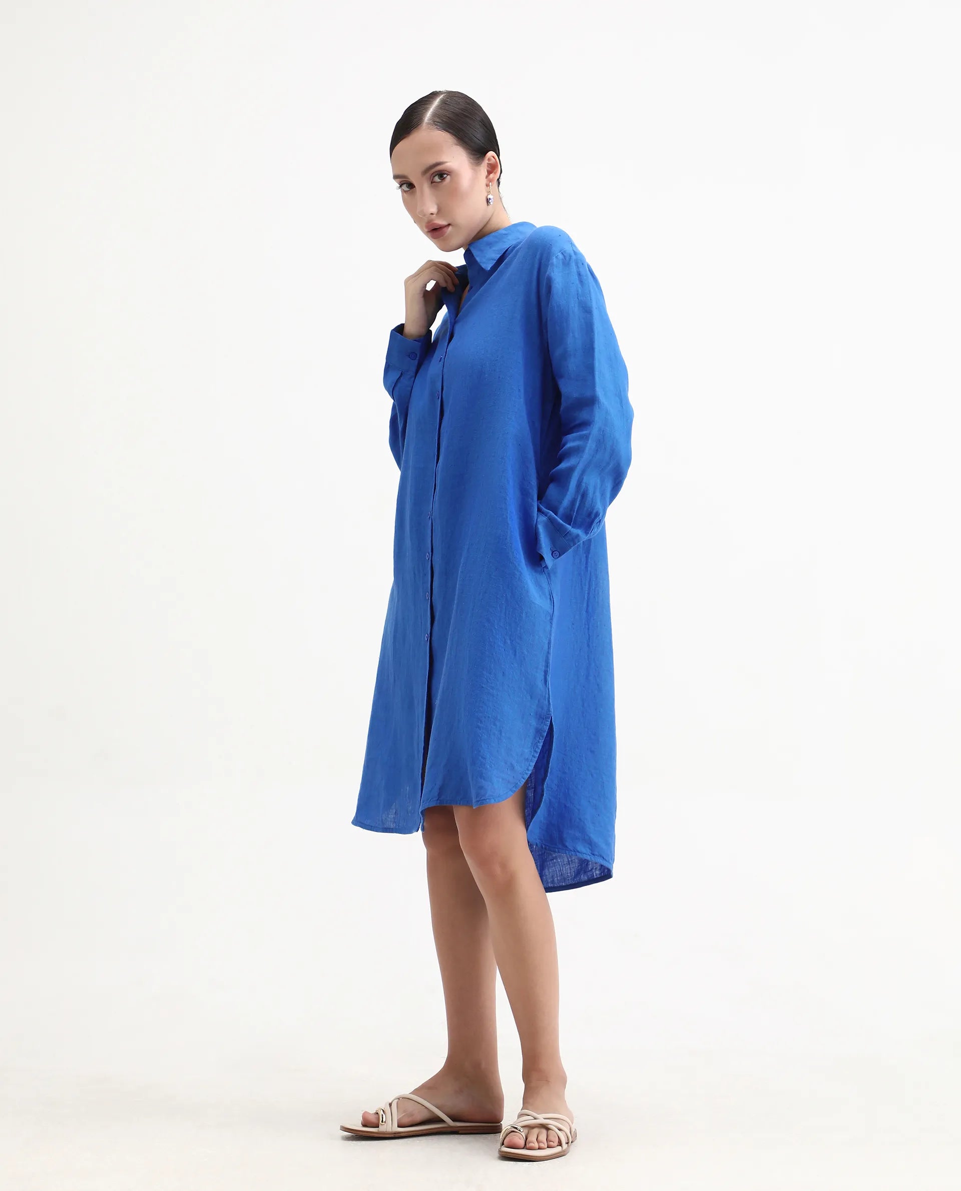 Rareism Women's Nentu Blue Linen Cuffed Sleeve Spread Collar Relaxed Fit Plain Dress