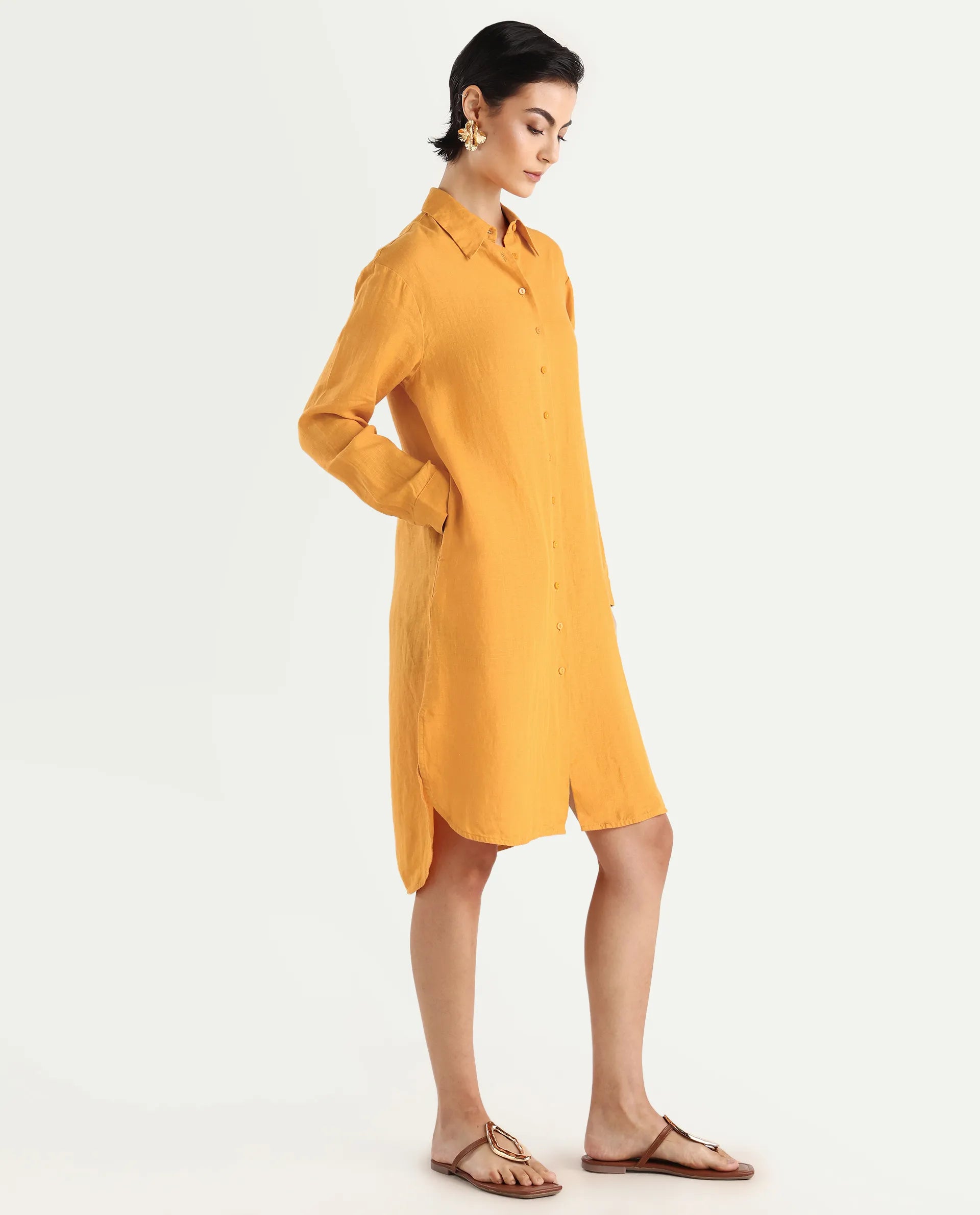 Rareism Women's Nentu Orange Linen Cuffed Sleeve Spread Collar Relaxed Fit Plain Dress