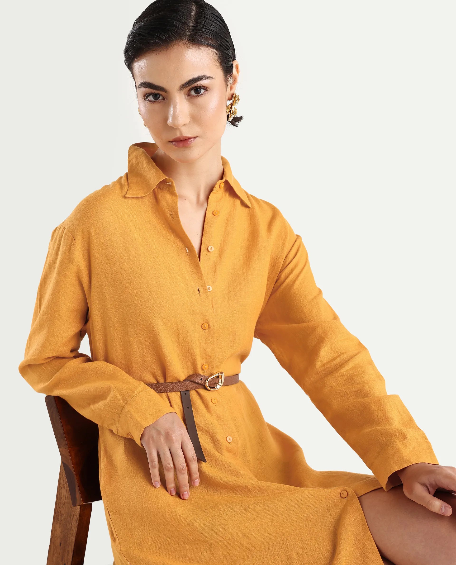 Rareism Women's Nentu Orange Linen Cuffed Sleeve Spread Collar Relaxed Fit Plain Dress