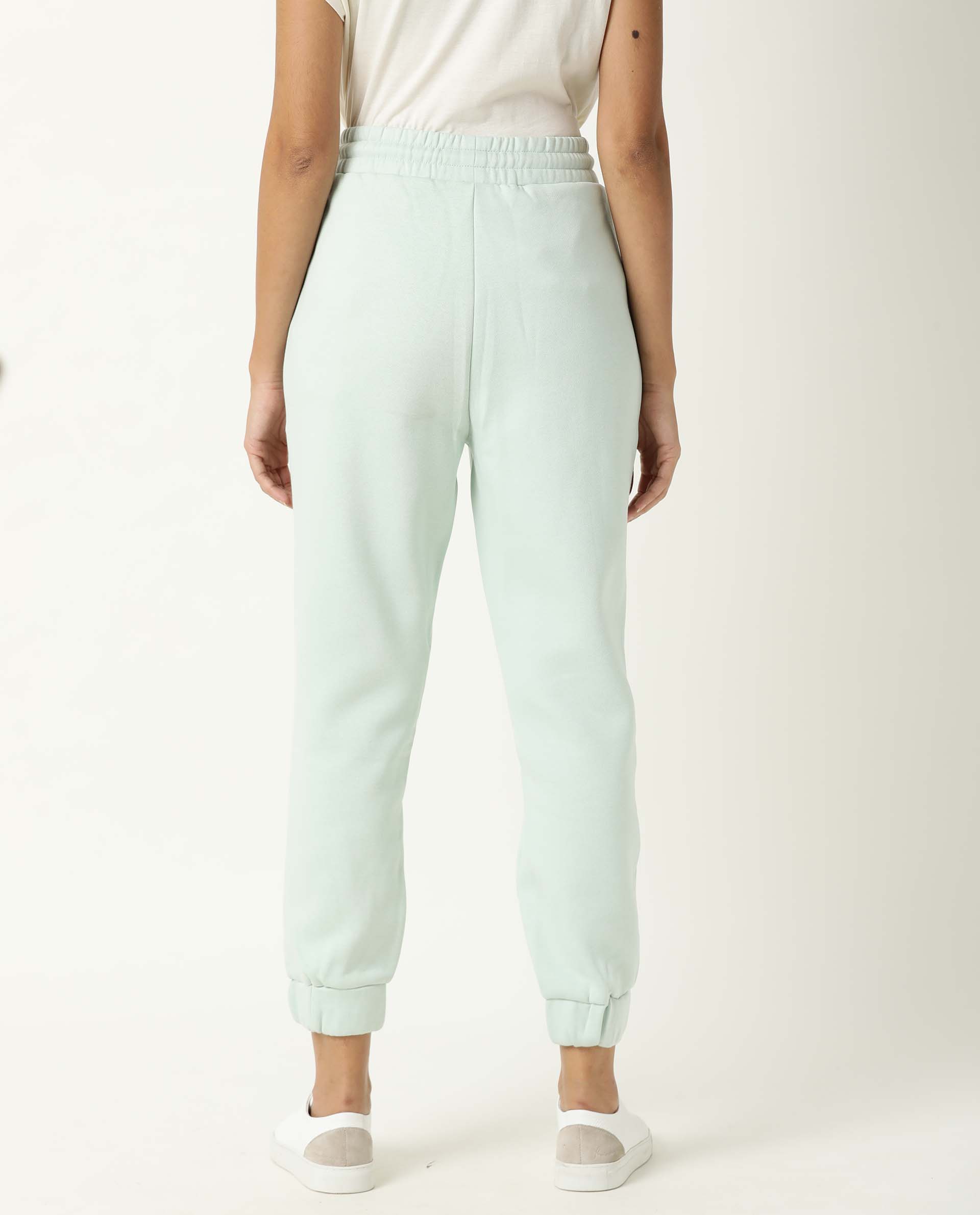 Rareism Women Neo Green Poly Cotton Fabric Tailored Fit Solid Mid Rise Ankle Length Track Pant
