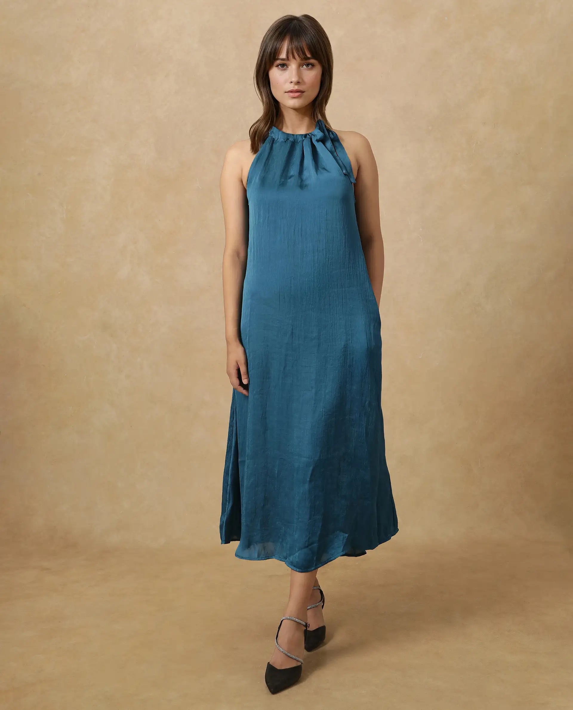 Rareism Women's Neoma Petrol Halter Neck Plain Sleeveless Midi A-Line Dress