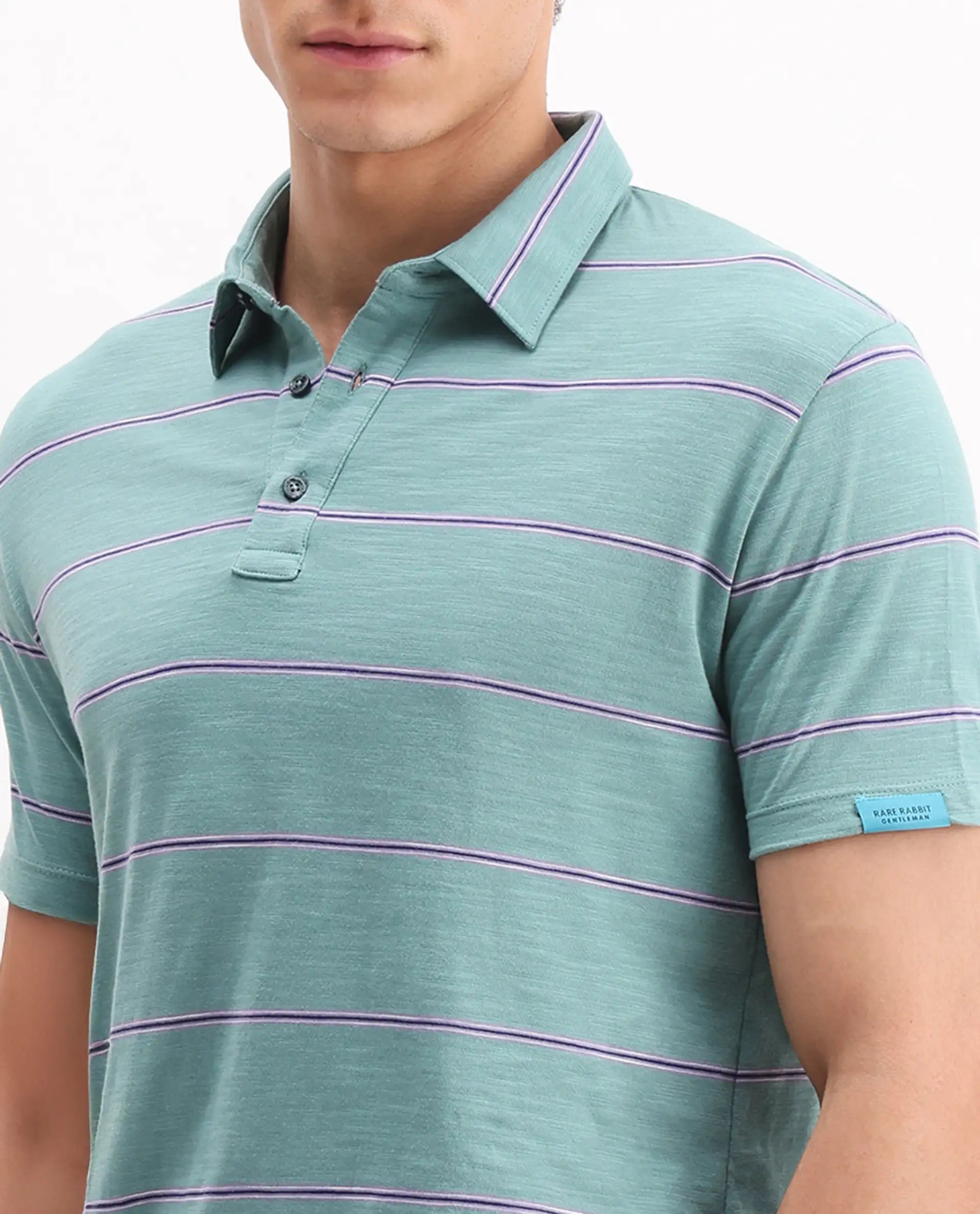 Rare Rabbit Men's Neonss Green Cotton Striped Print Regular Fit Half Sleeve Polo