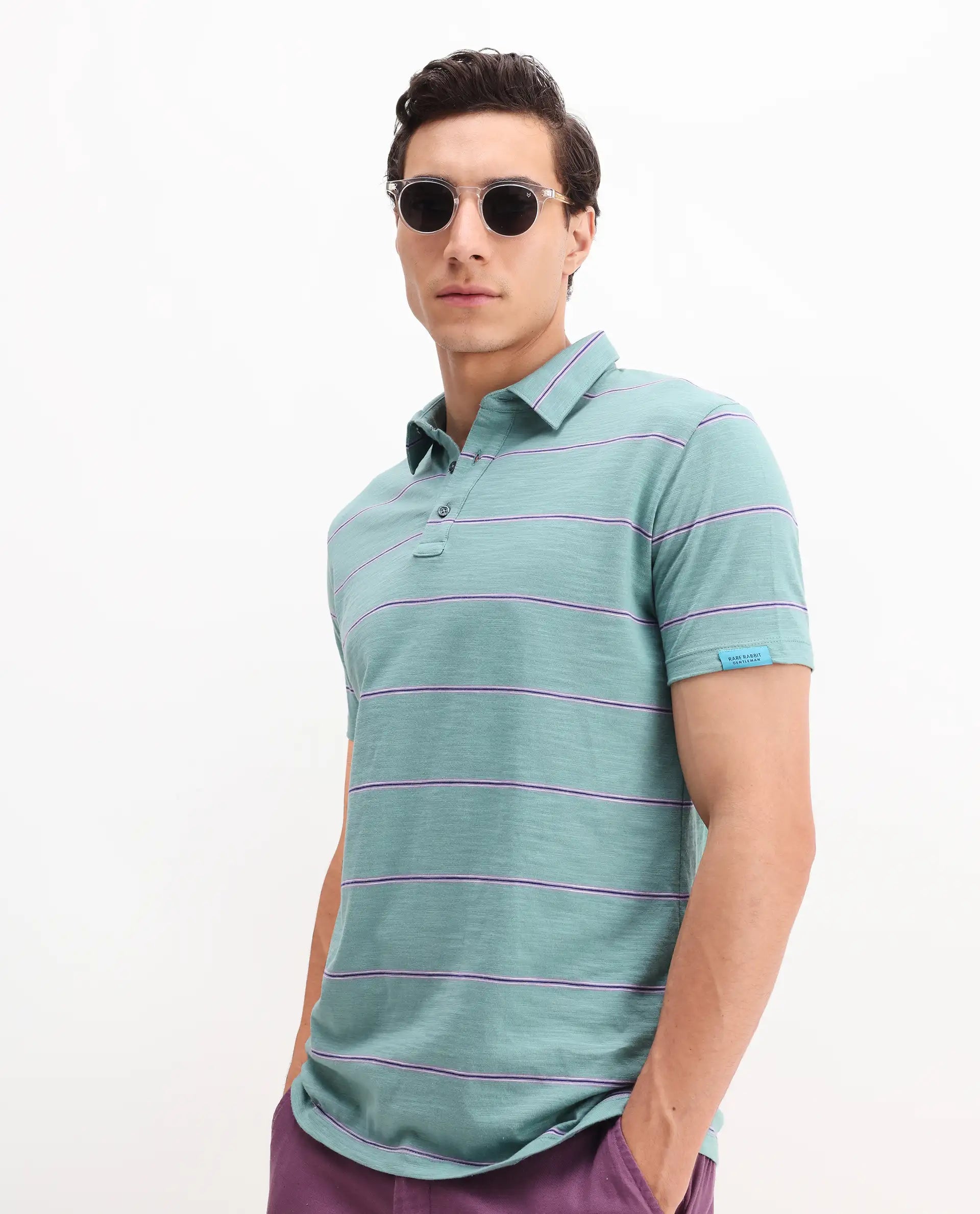 Rare Rabbit Men's Neonss Green Cotton Striped Print Regular Fit Half Sleeve Polo