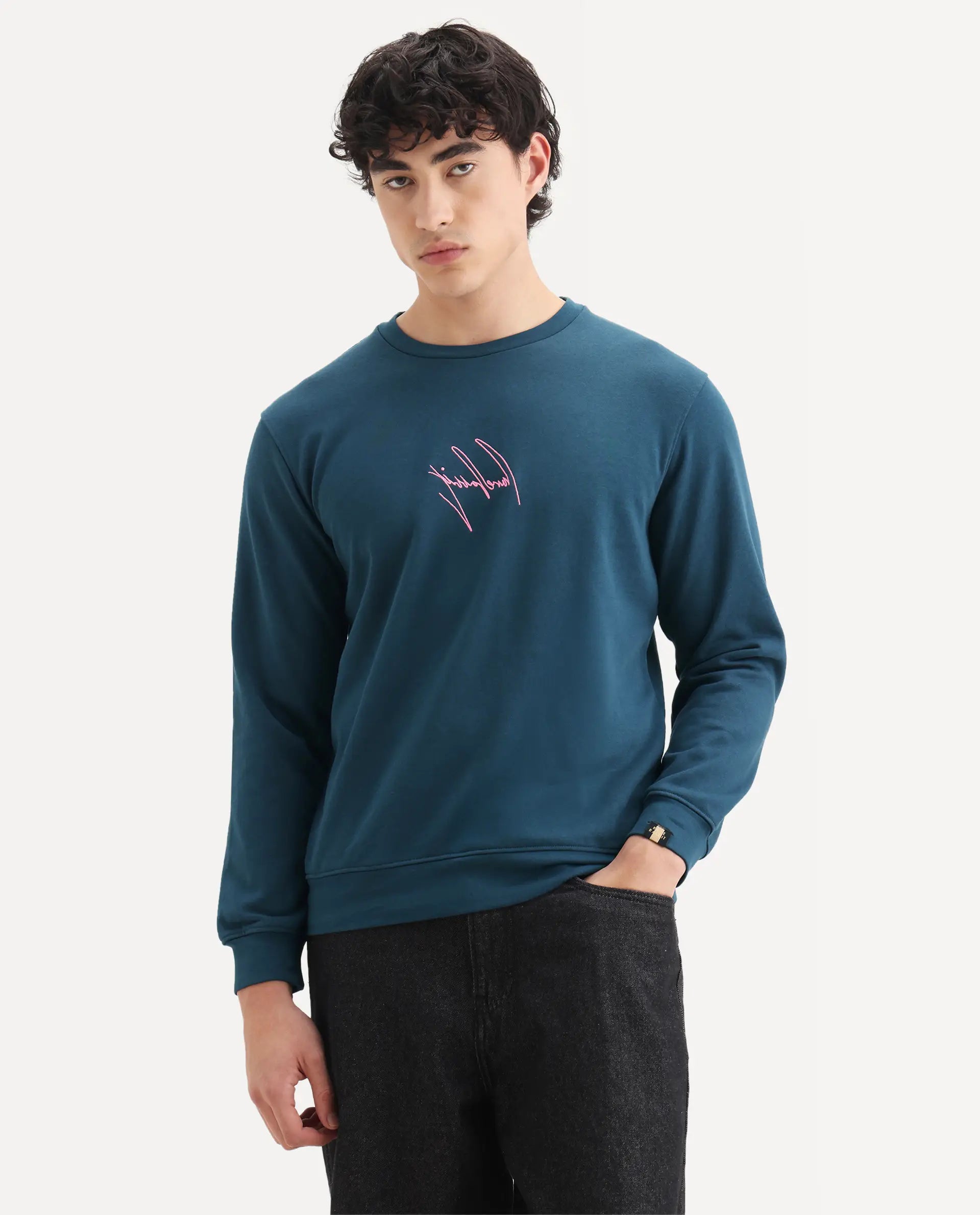 Rare Rabbit Men's Neos Petrol Cotton Embroidered Regular Fit Full Sleeve Crew Neck Sweatshirt