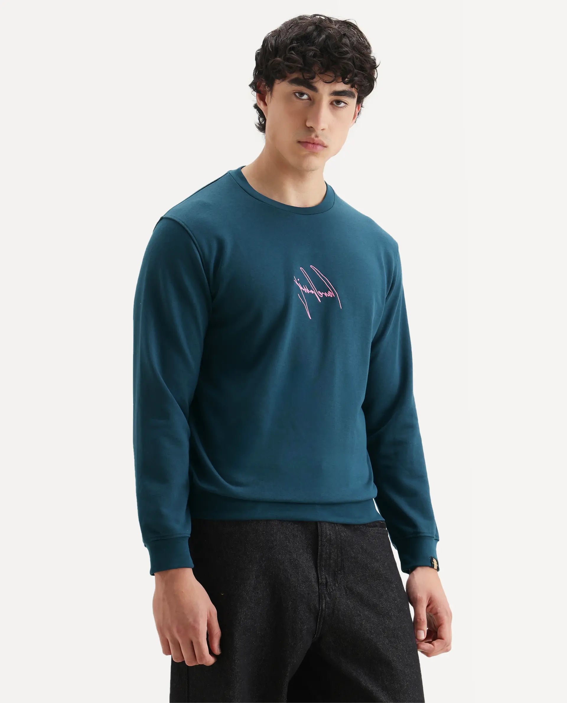 Rare Rabbit Men's Neos Petrol Cotton Embroidered Regular Fit Full Sleeve Crew Neck Sweatshirt